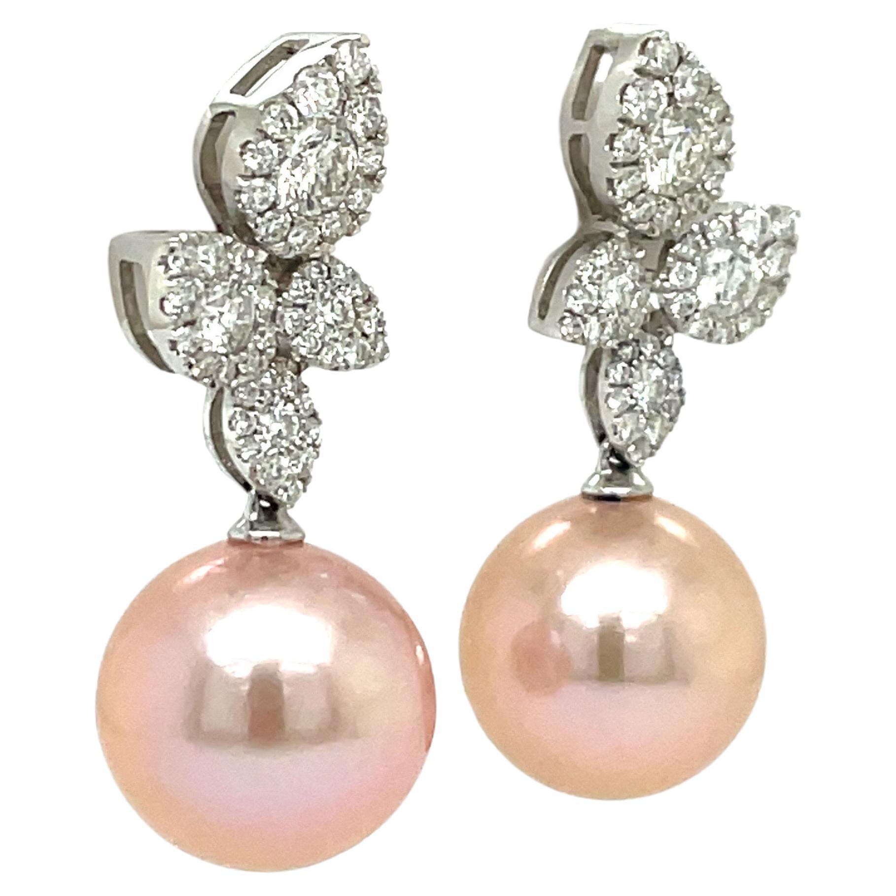 Contemporary Pink Freshwater Pearl Diamond Cluster Leaf Earrings 1.05 Carat 11-12MM 18KT For Sale