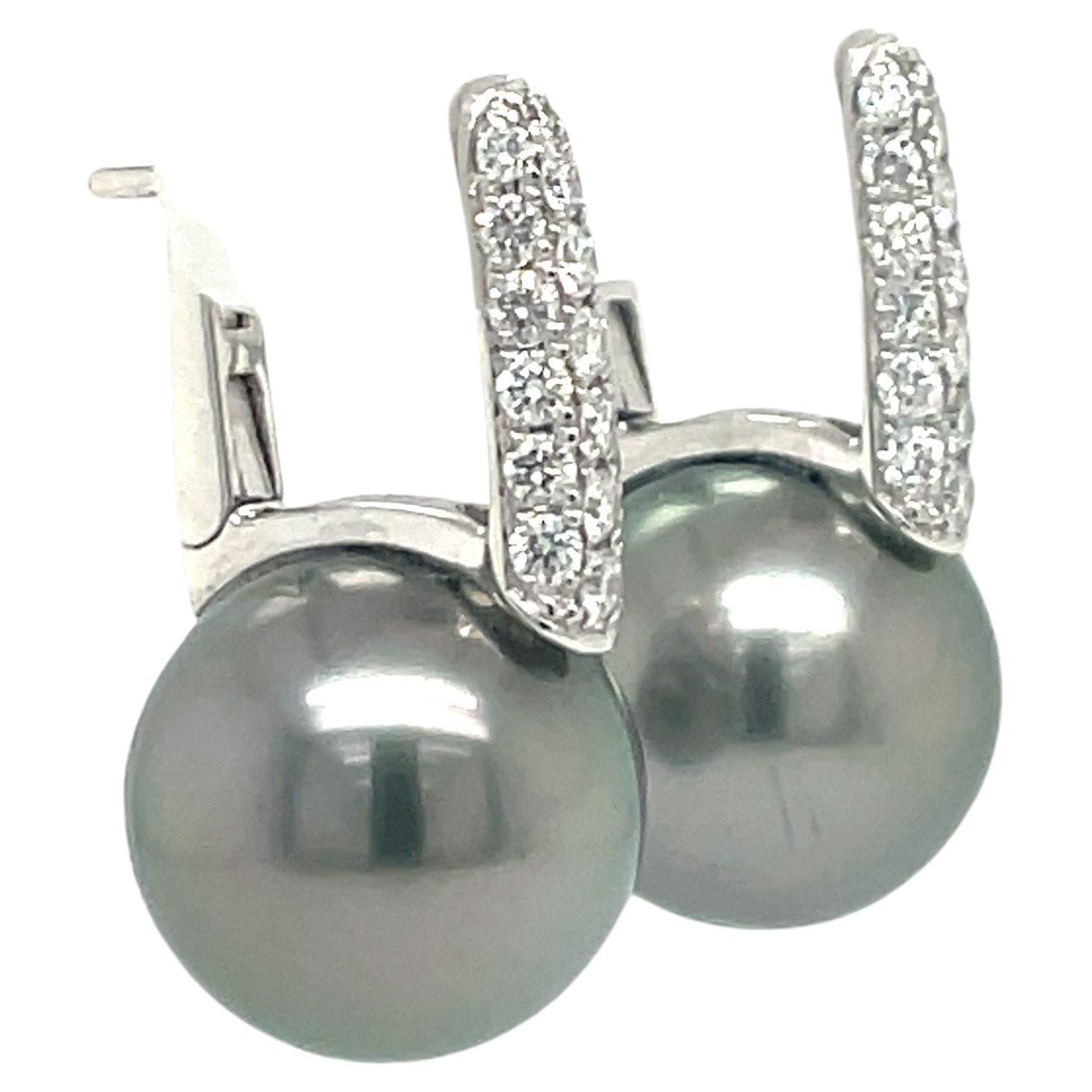 Women's or Men's Tahitian Diamond Drop Earrings 0.61 Carats 18 Karat White Gold 12-13 MM For Sale
