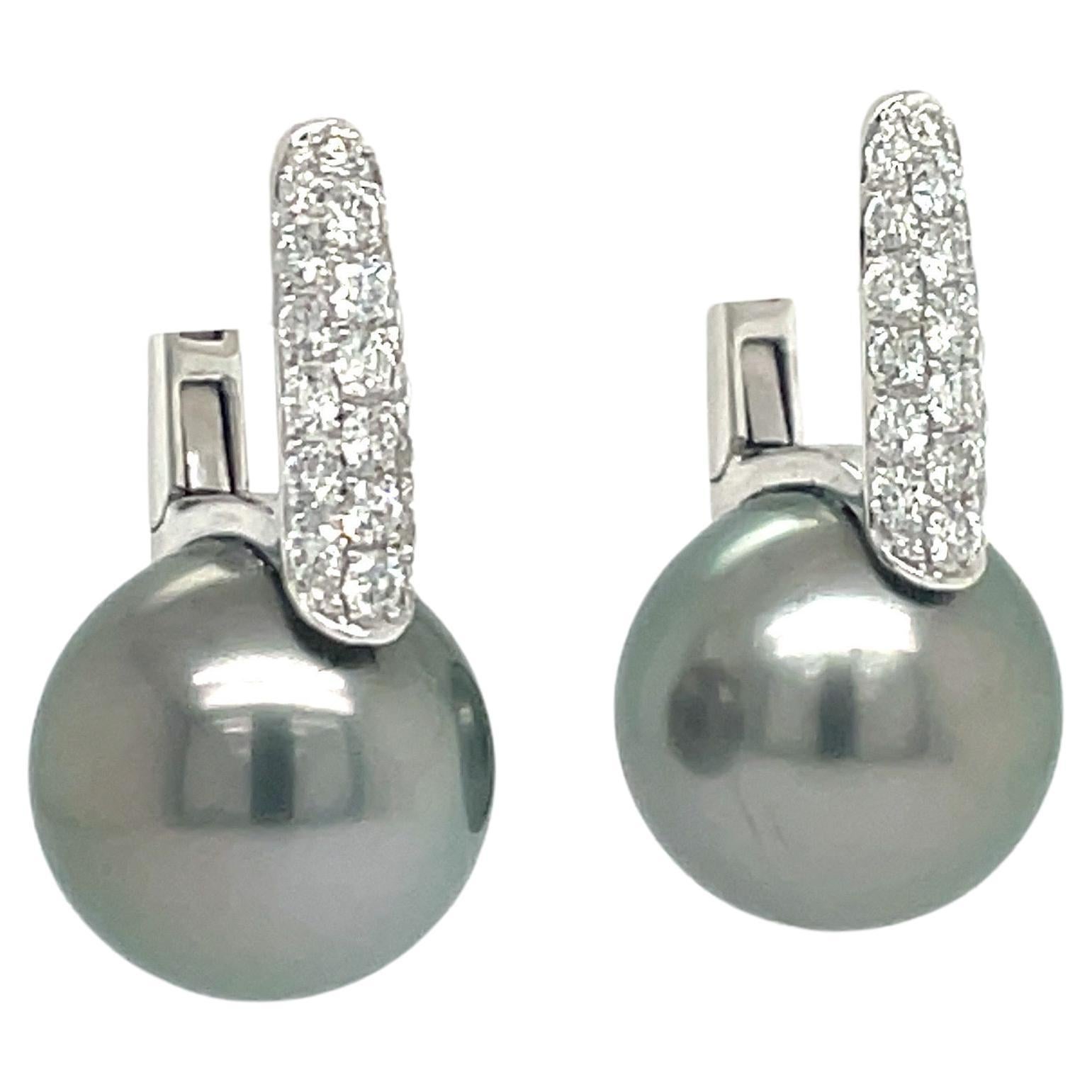 Tahitian Diamond Drop Earrings 0.61 Carats 18 Karat White Gold 12-13 MM In New Condition For Sale In New York, NY