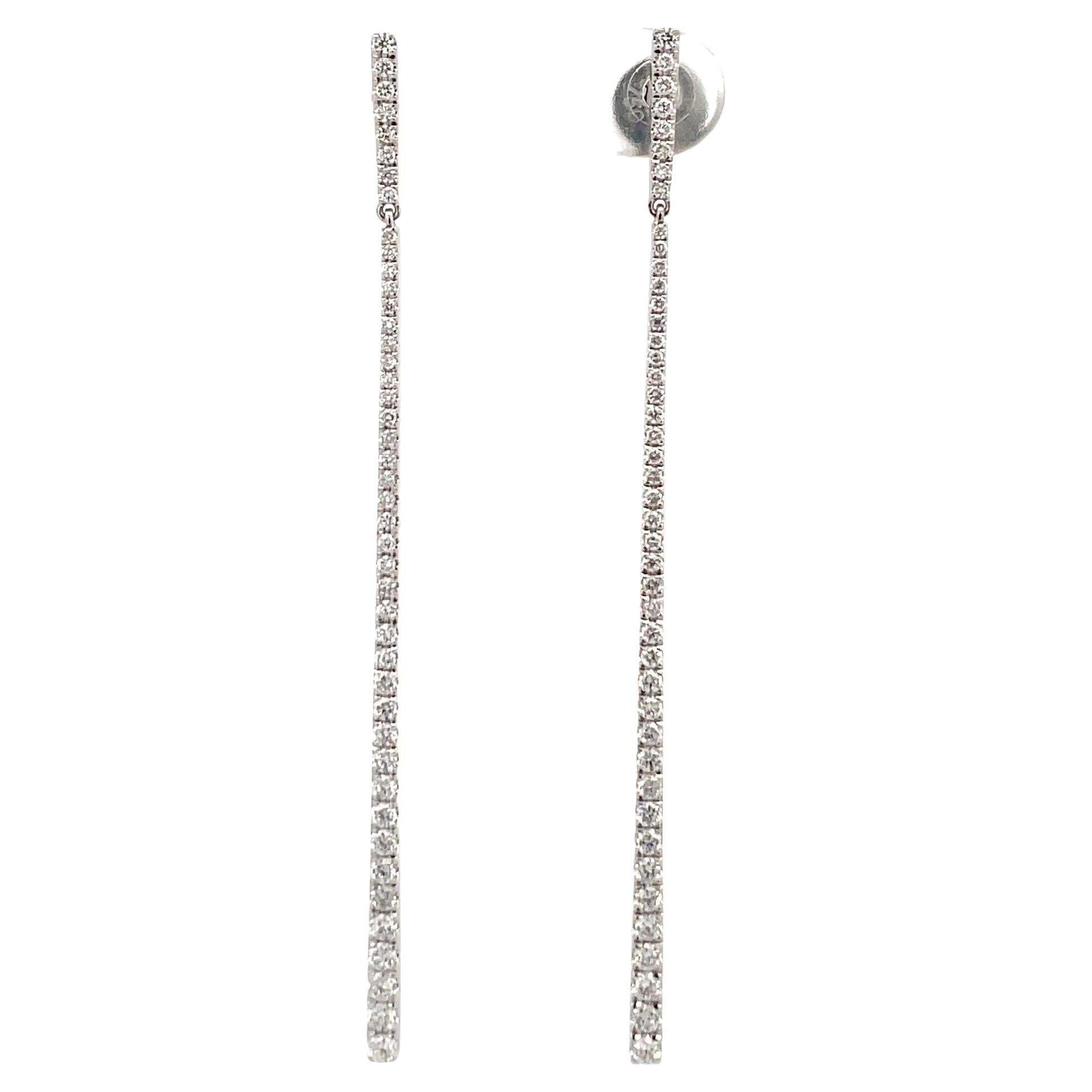 Long Bar Motif Diamond Drop Earrings 0.97 Carats 18 Karat White Gold 3.8 Grams