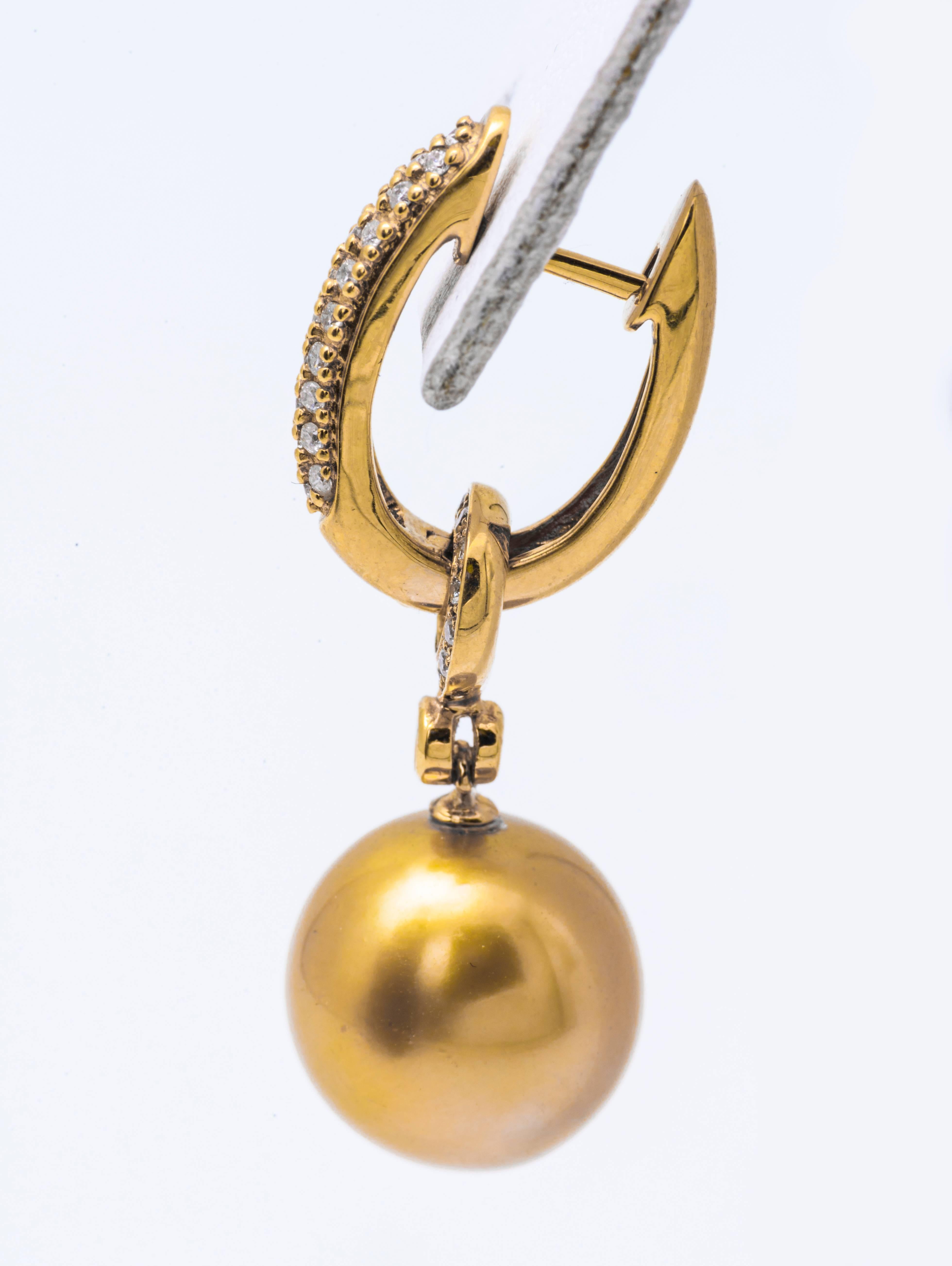 Contemporary Golden South Sea Pearl Diamond Gold Dangle Earrings