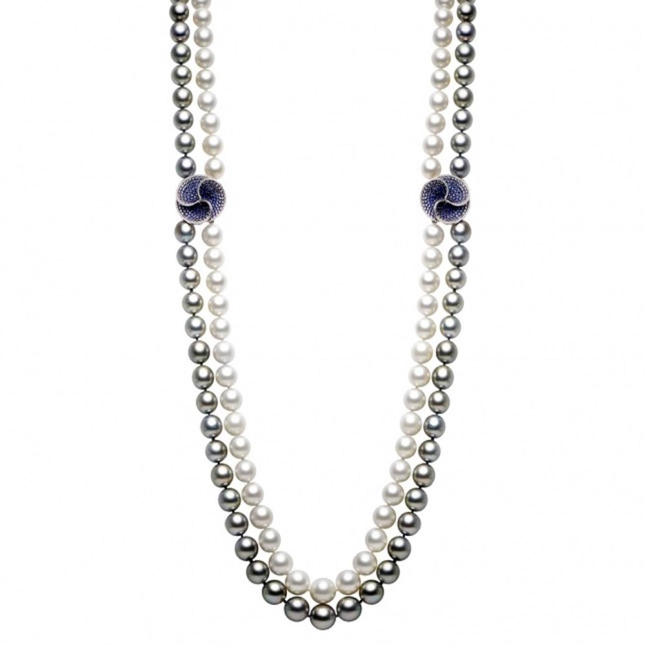Contemporary Unique tahitian and South Sea  Pearl Necklace with Blue and White Ombre Flowers