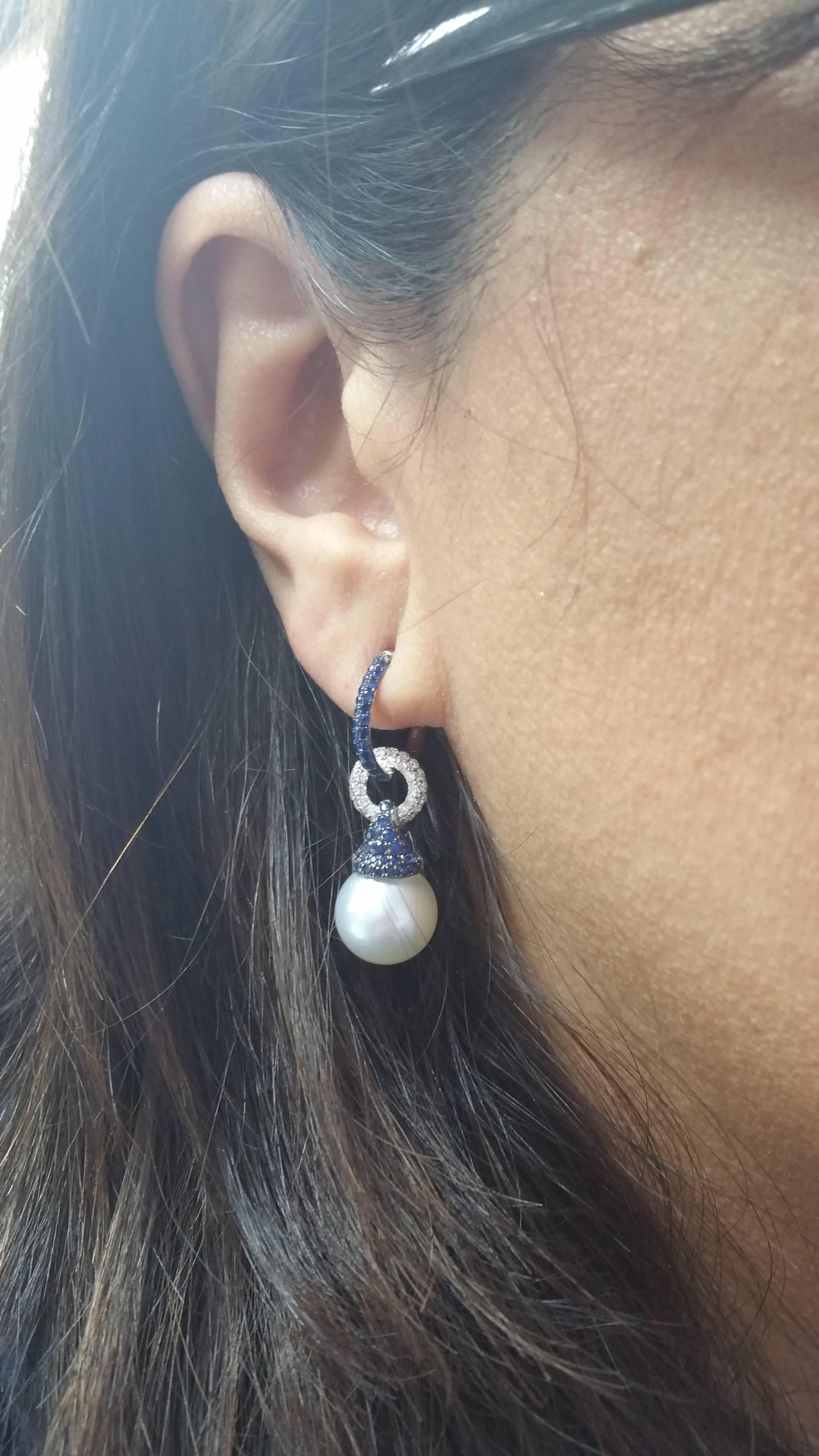 Round Cut Sapphire and Diamond Bell Hoop South Sea Pearl Earrings For Sale