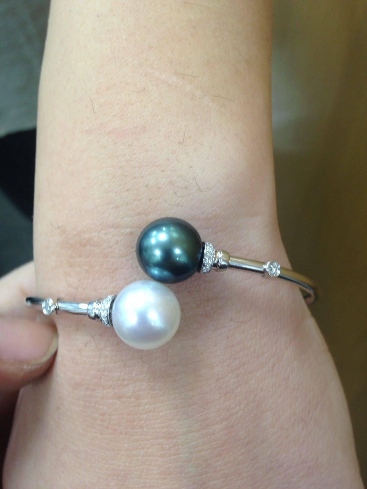 Women's South Sea Tahitian Pearl Diamond Bypass Bangle 18K White Gold  For Sale
