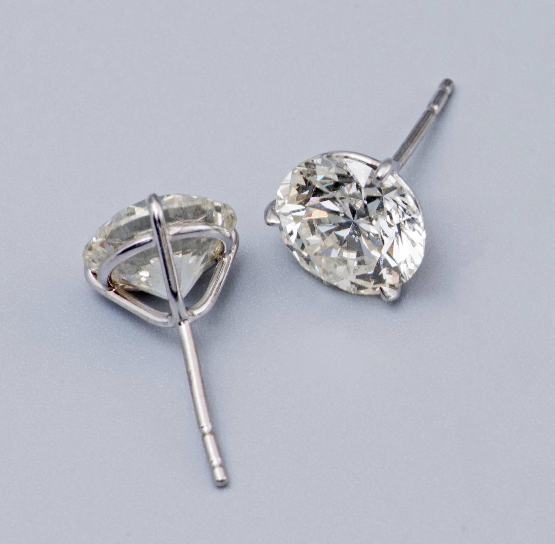 This beautiful pair of studs was matched by our expert gemologist.
18K white Gold
3.33 Cts. total weight
3 prong (can be changed with any other settings.)
Color: J-K 
Clarity: SI2 
High Brilliancy
Wholesale prices