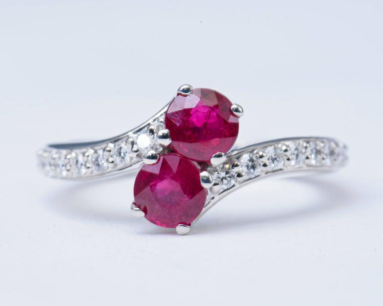 EverUs Two Ruby's Solitaire Crossover Diamond Ring For Sale at 1stDibs