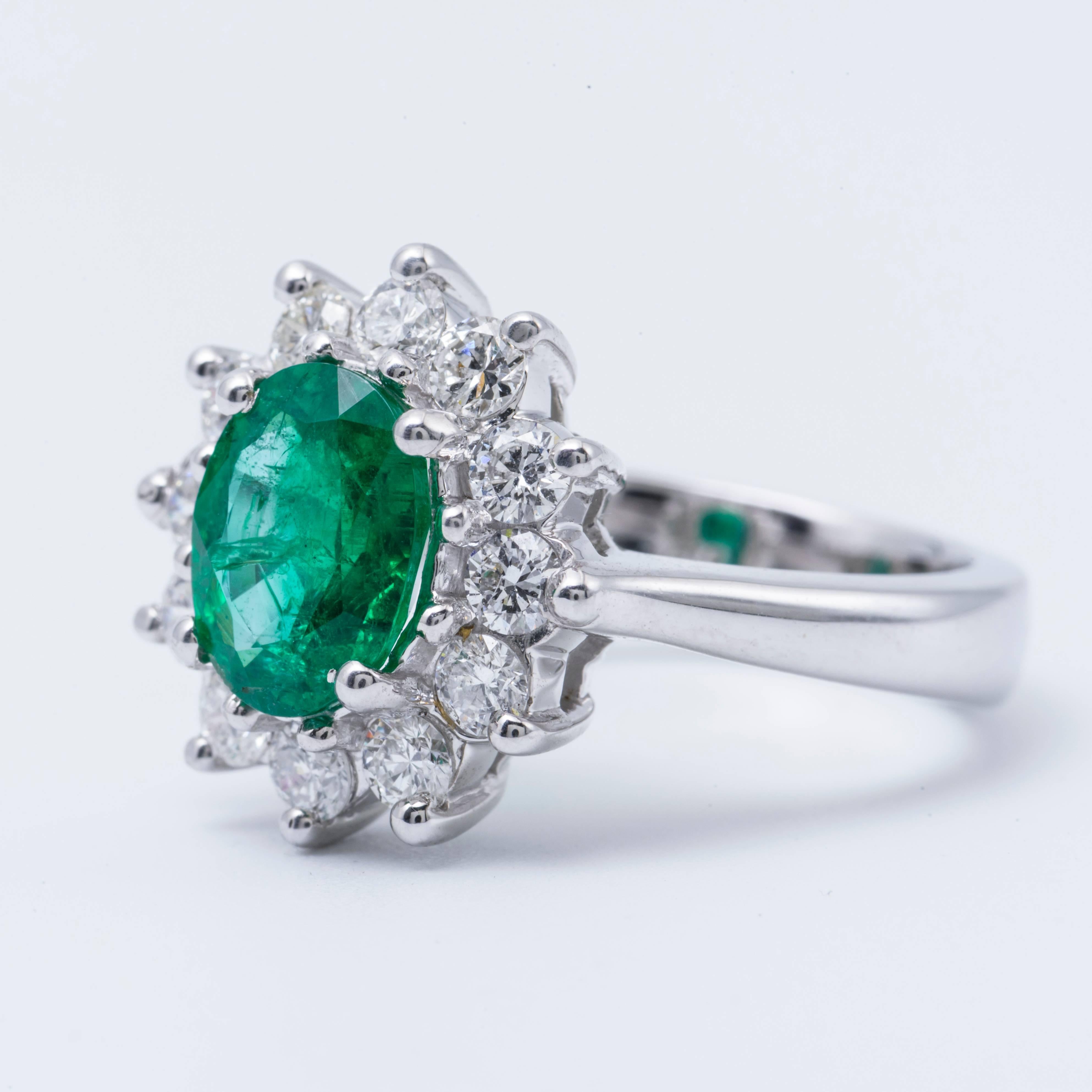 Contemporary Emerald Ring with Diamonds Halo 14 Karat White Gold
