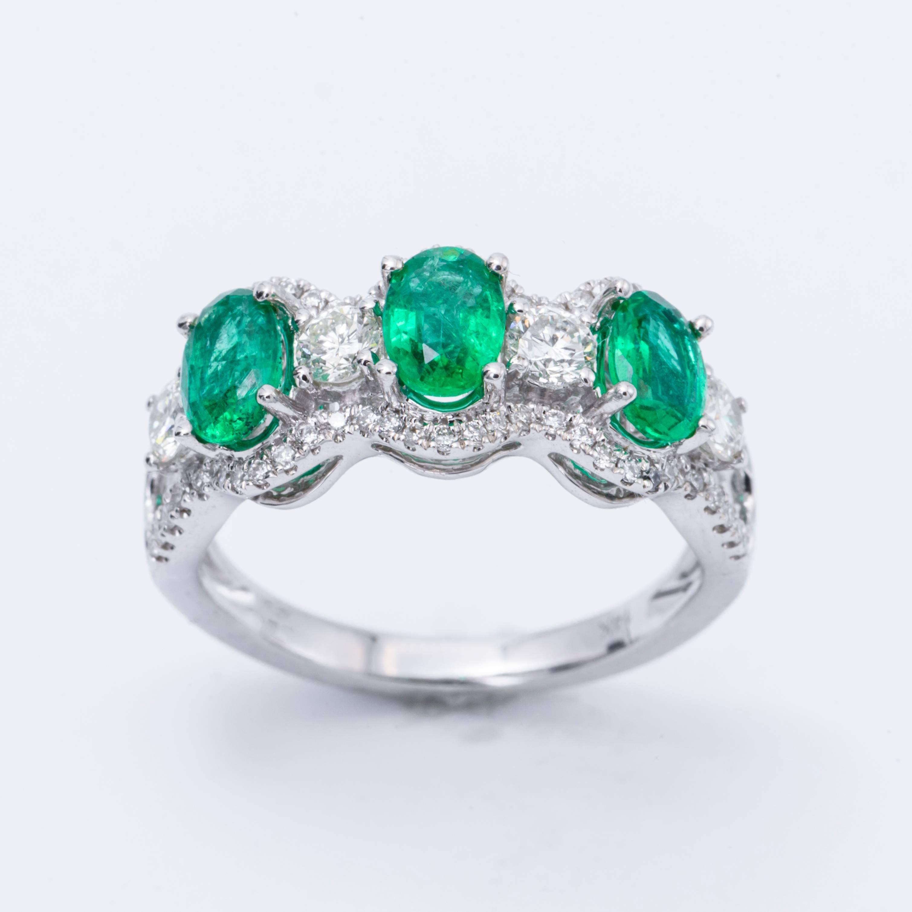 14K white gold ring featuring 3 emeralds stones each one measuring 6x4 mm for a total carat weight of 1.15 cts.
The Diamonds total weight is 0.76 cts.
All our Gemstones are genuine, and are sourced with the highest degree of integrity.