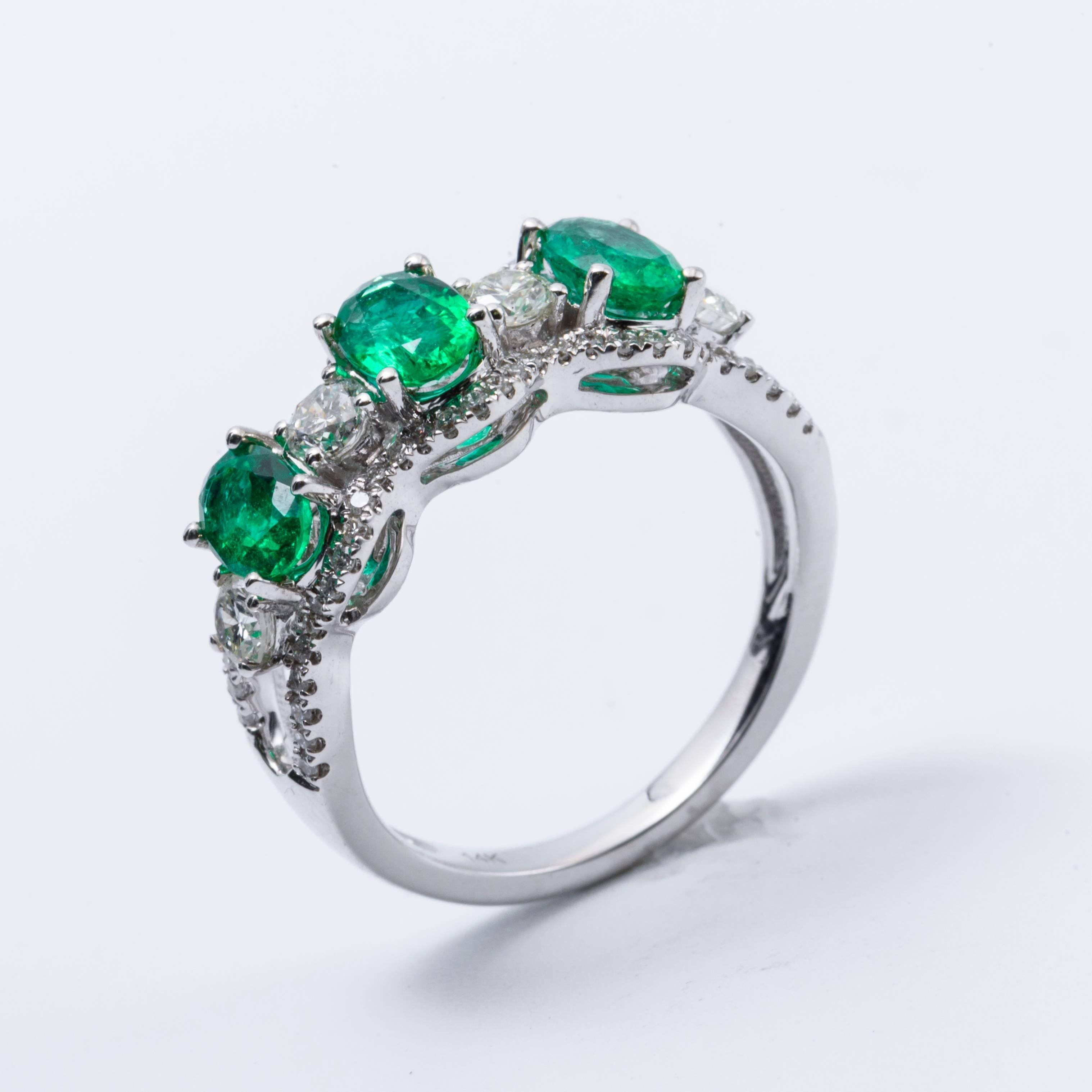 Women's Oval Emerald and Diamond Accented Three Stone Gold Band Ring