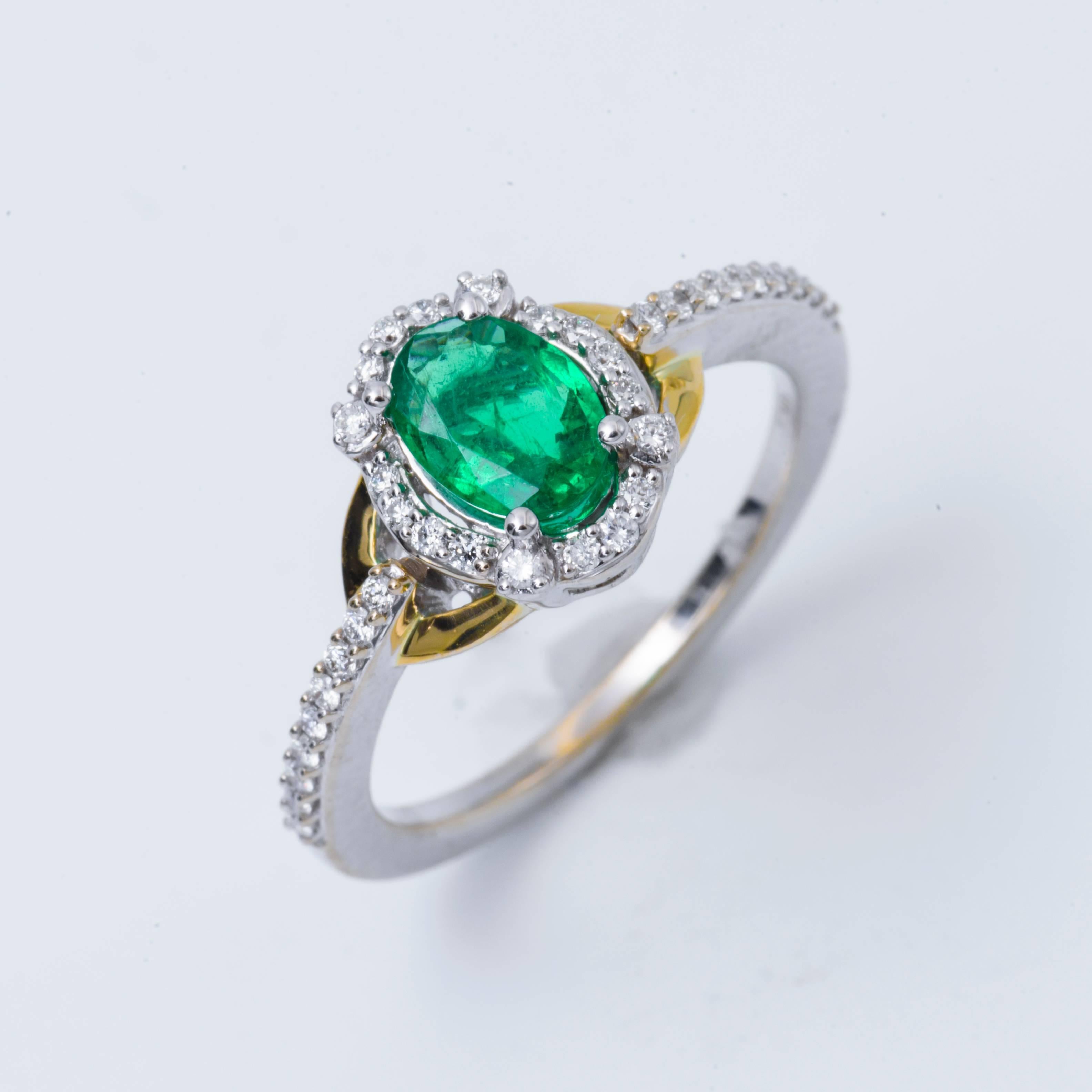 Women's Oval Emerald and Diamond Halo White and Yellow Engagement Ring