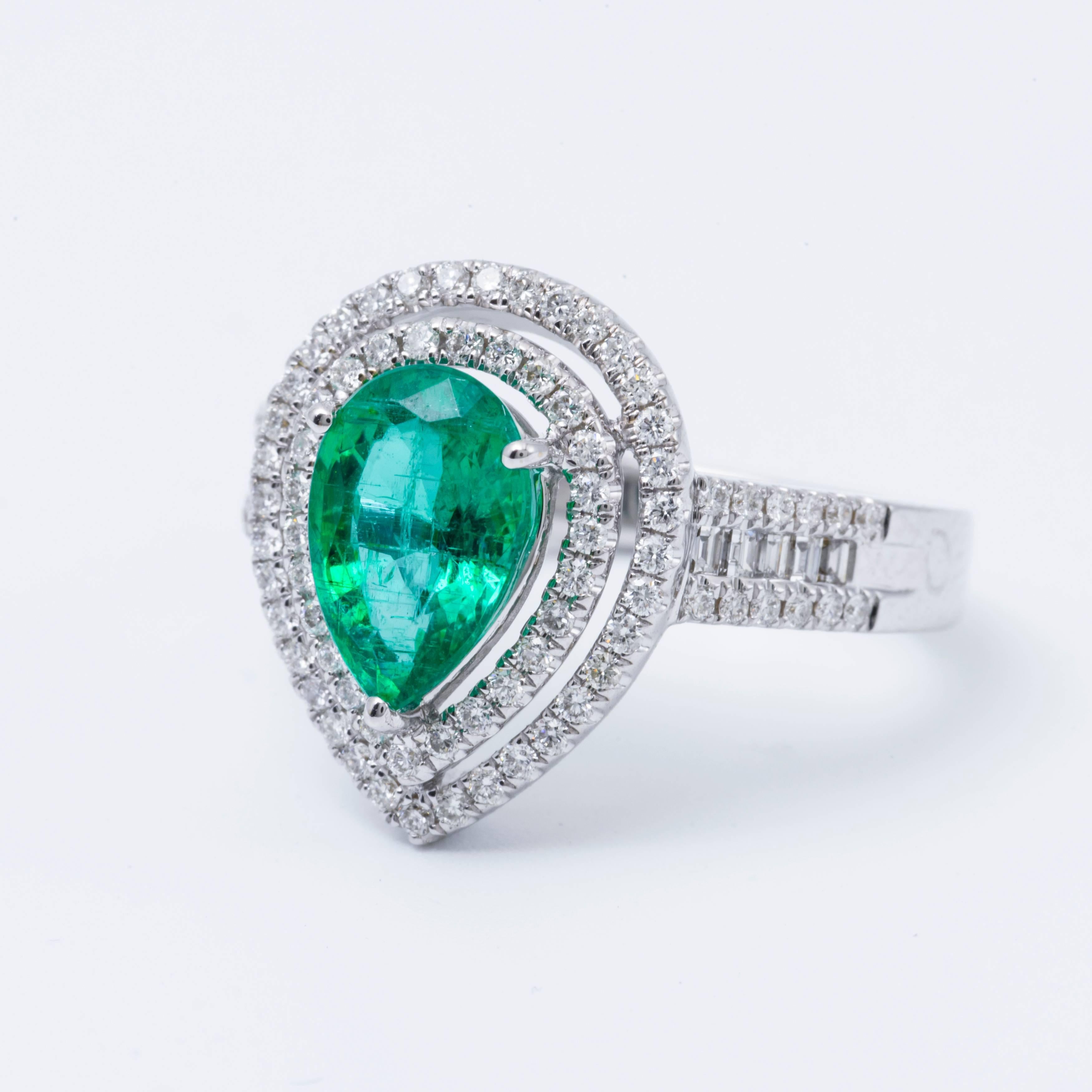 Pear Shape Emerald Diamond Gold Halo Cocktail Engagement Ring For Sale ...