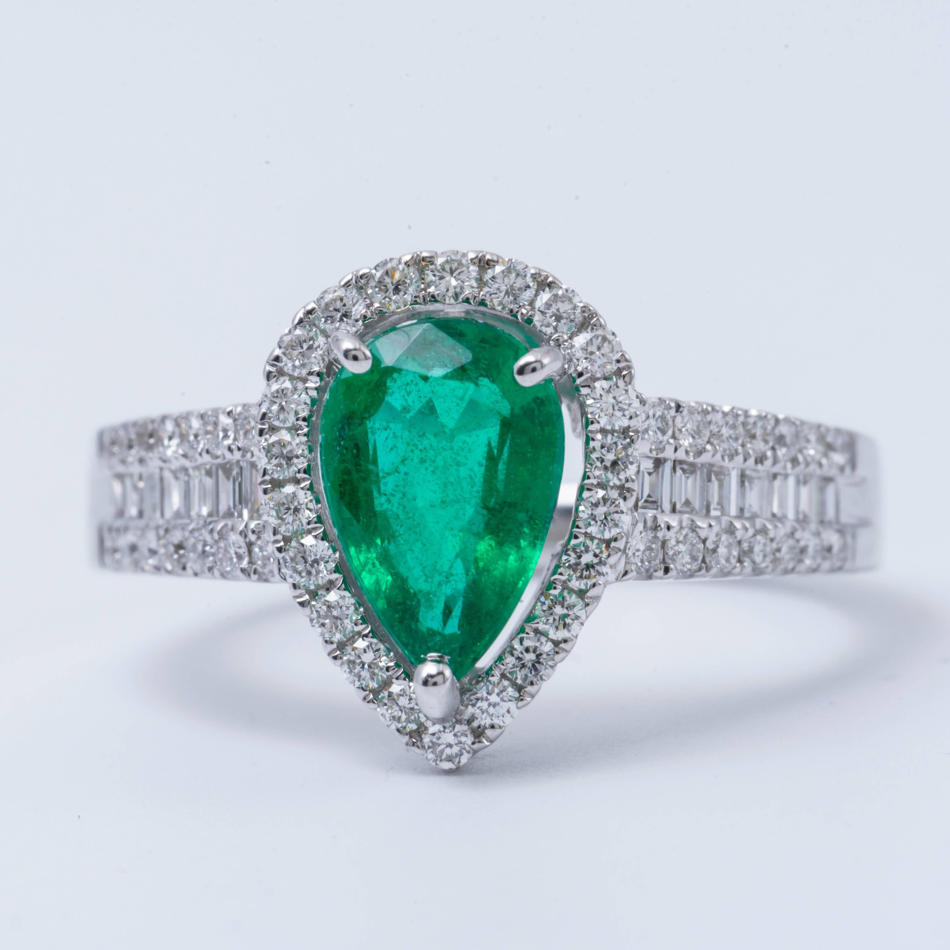 Contemporary Pear Shape Emerald and Diamond Engagement Cocktail Ring