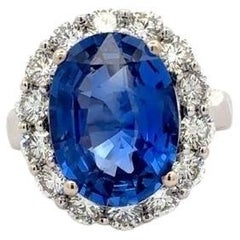 Bellerophon Oval Ceylon Vivid Blue Sapphire Diamond Halo Ring 10.94 Carats 18KT