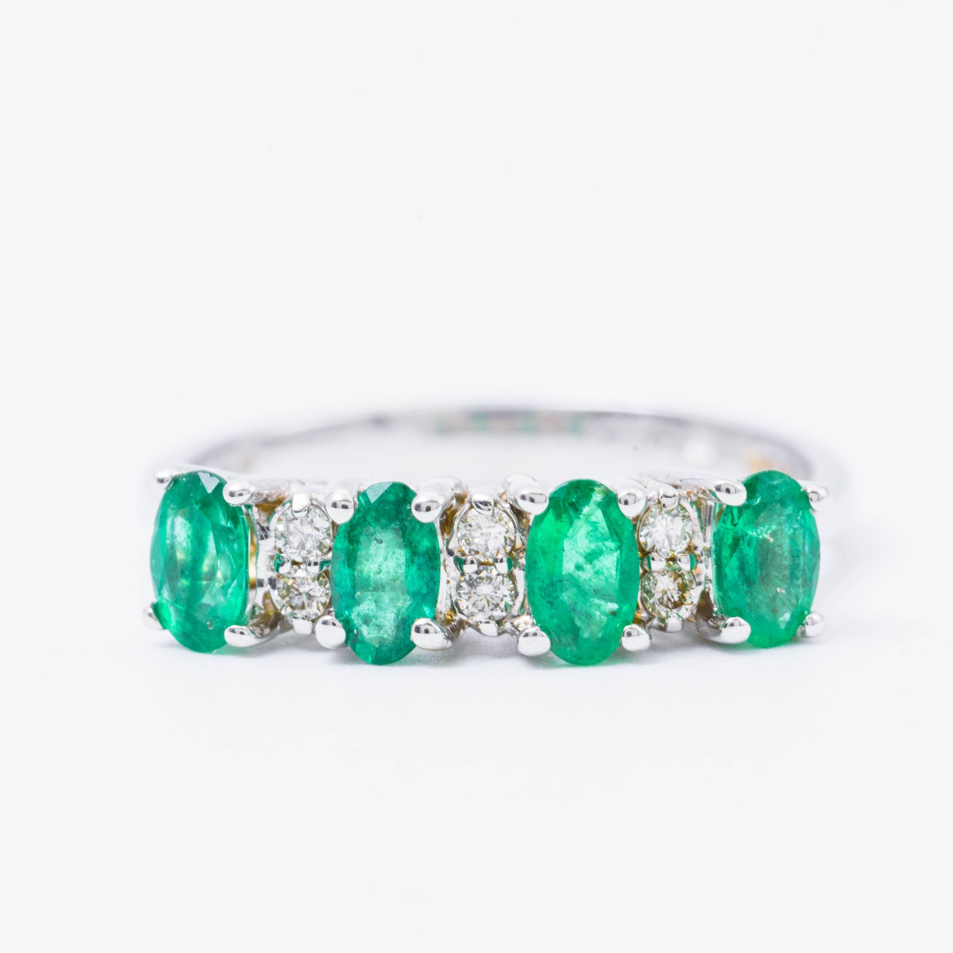 Women's Four Oval Shape Zambian Emeralds and Diamonds Band Ring