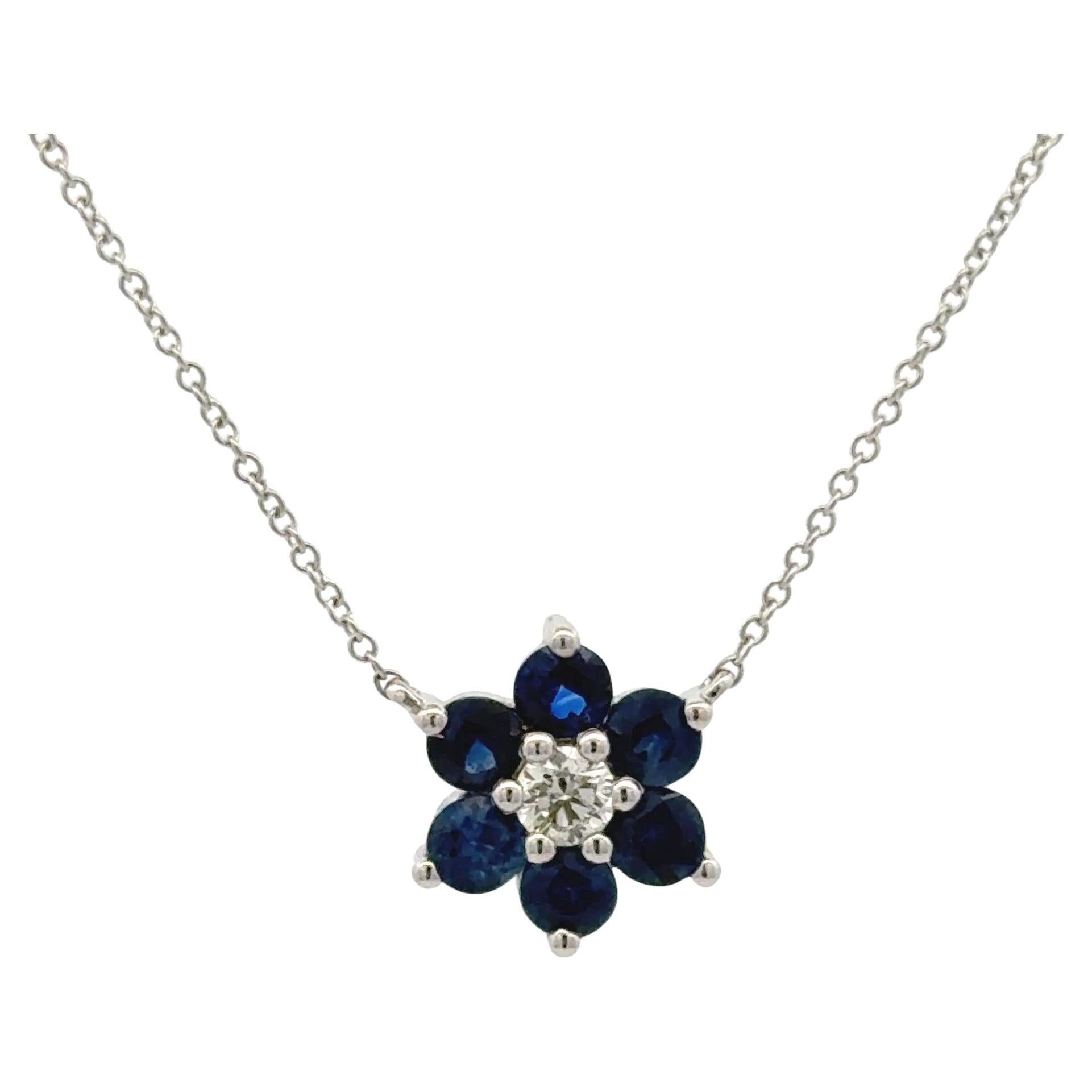 Saphir-Diamant-Cluster-Blumen-Anhänger-Halskette 1,38 CTTW 14 Karat Weißgold im Angebot