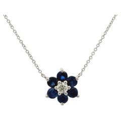 Saphir-Diamant-Cluster-Blumen-Anhänger-Halskette 1,38 CTTW 14 Karat Weißgold