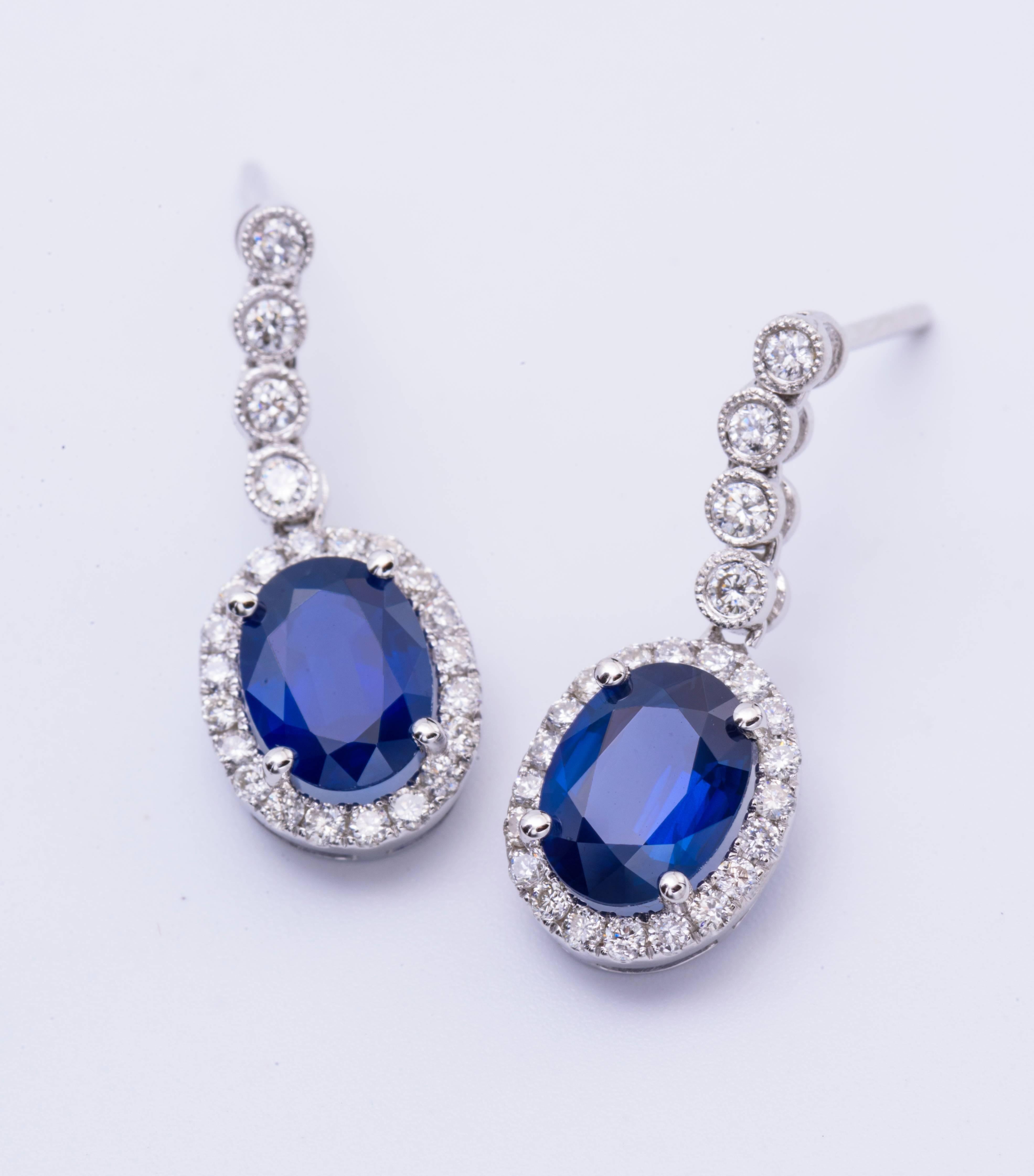 14k White gold earrings
Oval Sapphire 8 X 6 mm 2.90 Carats
Diamonds 0.56 Cts. total weight
The Earrings measures 22 X 9 mm 