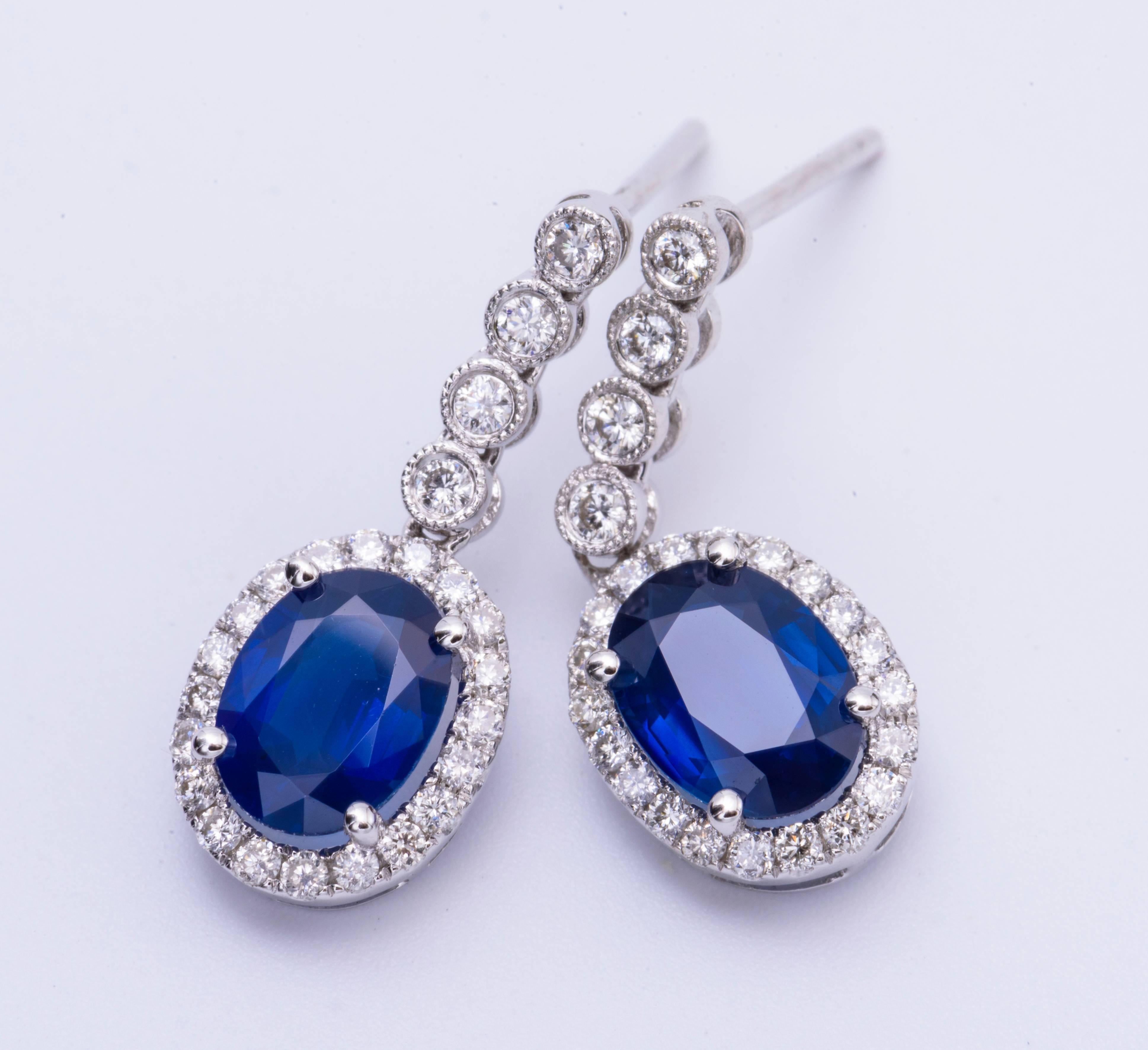 2.90 Carat Oval Shape Sapphire Diamond White Gold Dangle Earrings  In New Condition In New York, NY