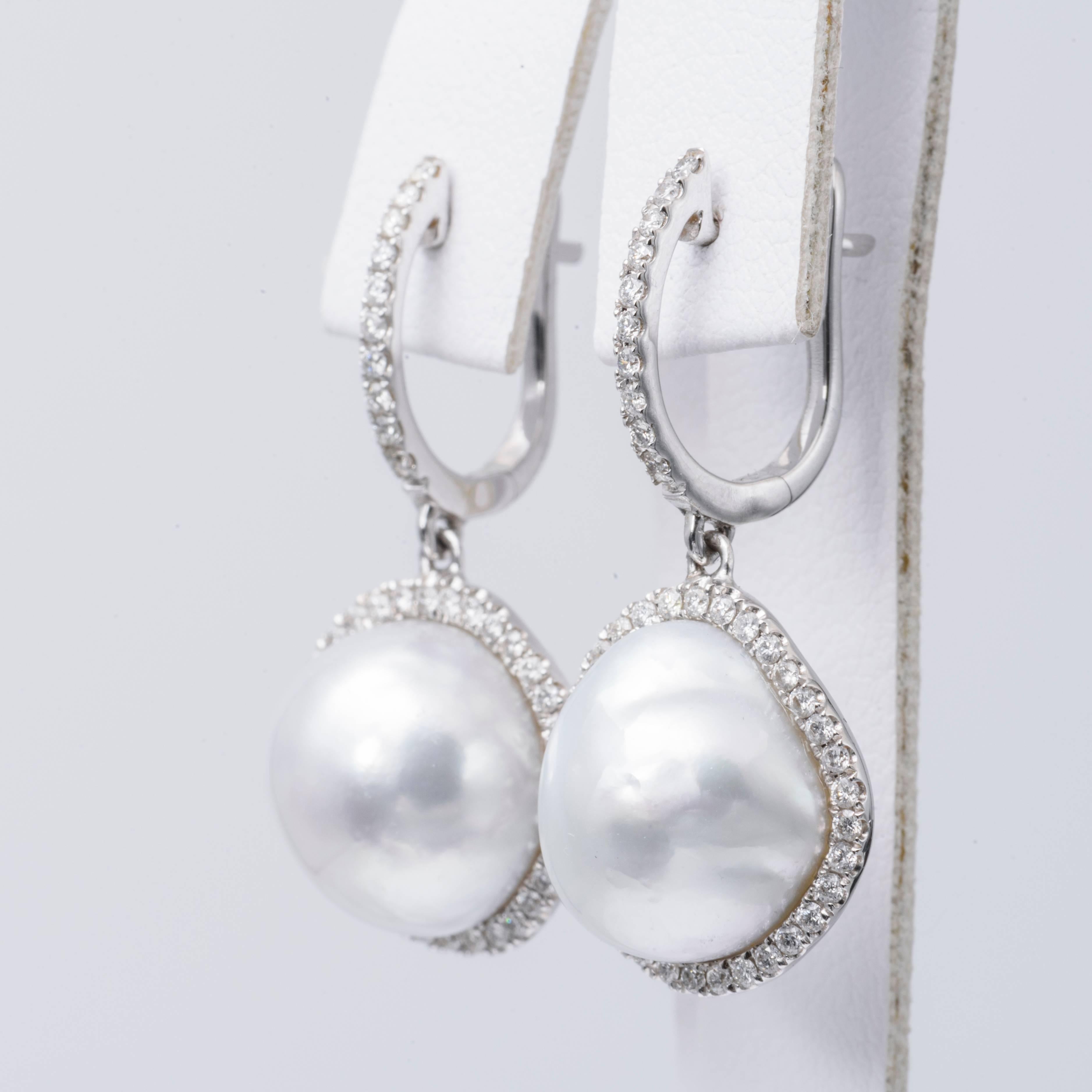 Round Cut South Sea Pearl Baroque Diamond Halo Drop Earrings 0.64 Carats 18K White Gold For Sale