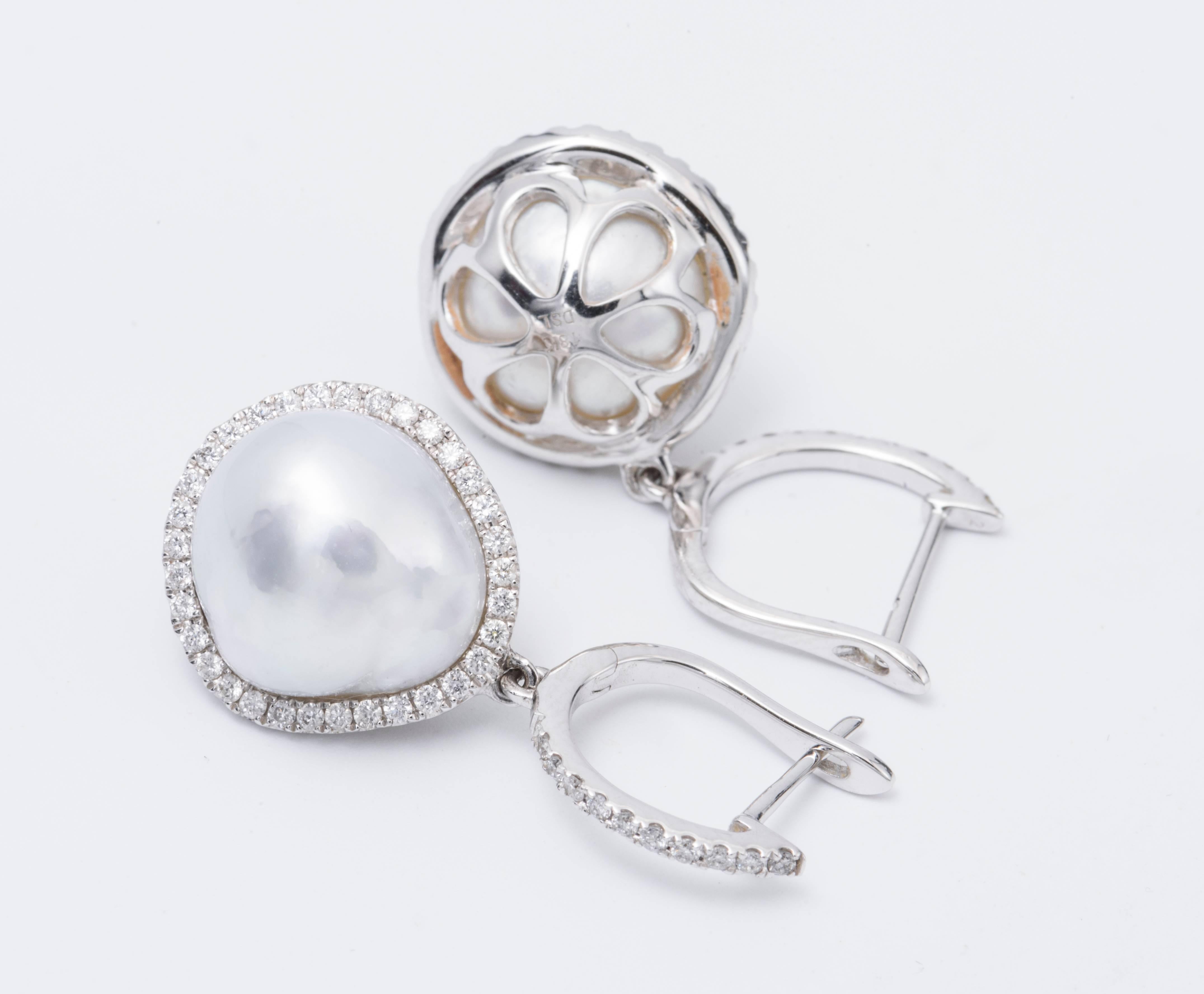 Women's South Sea Pearl Baroque Diamond Halo Drop Earrings 0.64 Carats 18K White Gold For Sale