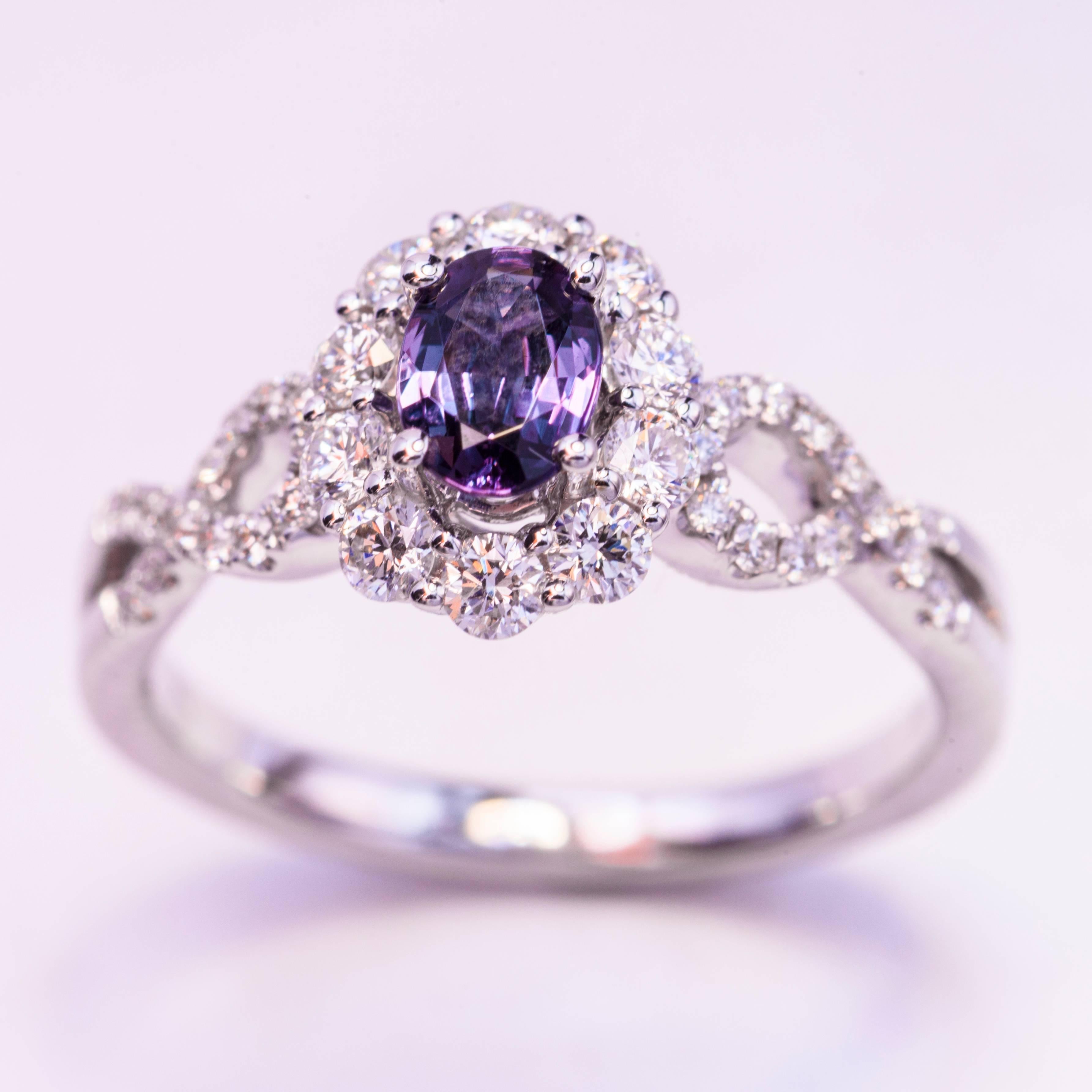 18 K white Gold Ring 
Alexandrite Gem stone weight: 0.51 Cts.
Diamond Weight: 0.62 cts.
CC Certificate Available 