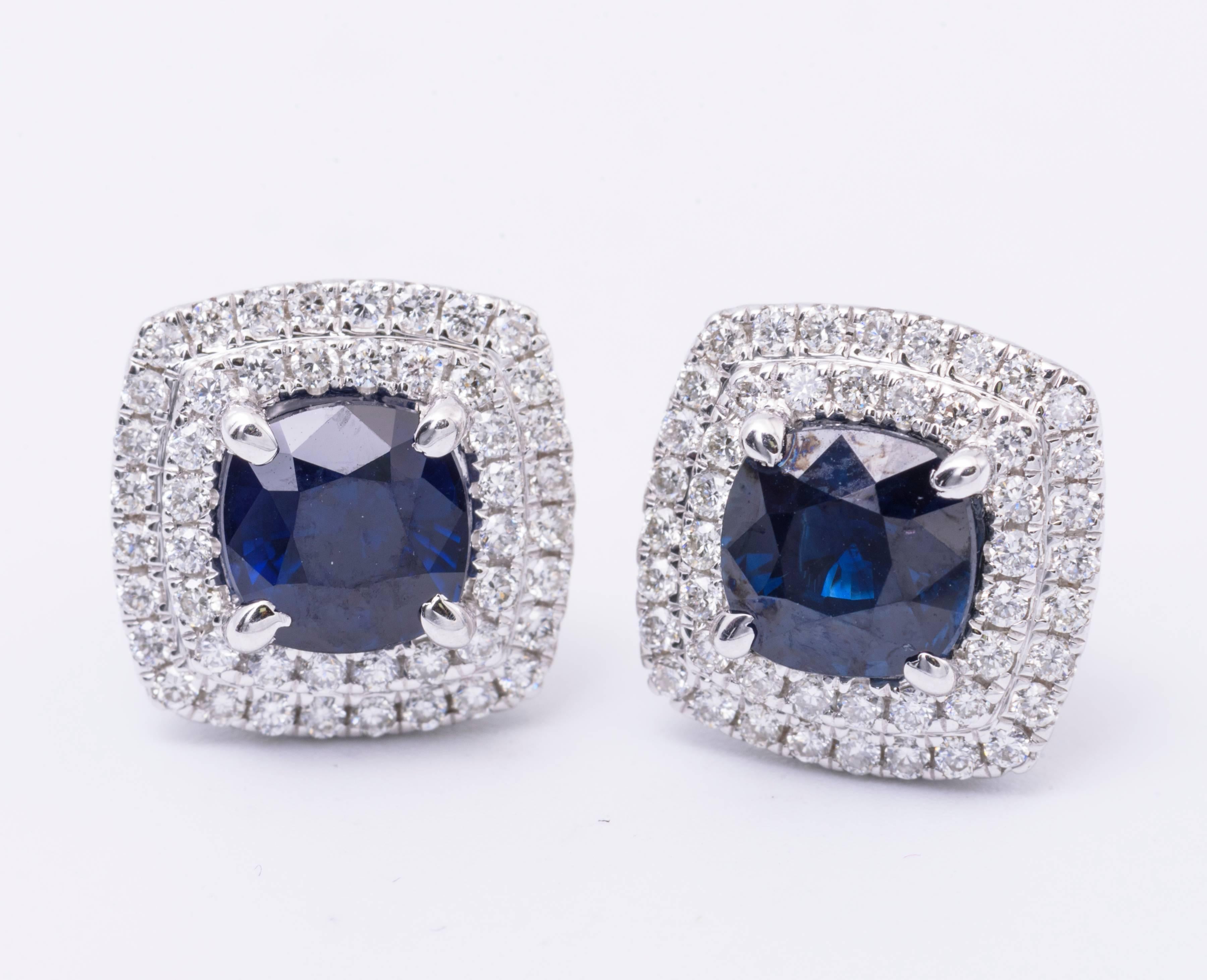 This stunning pair of sapphire earrings features:
Sapphire:  2.29 Carats total weight 6 mm
Diamonds: 0.55 Carats Diamonds
11 x 11 mm Earring Measurment
