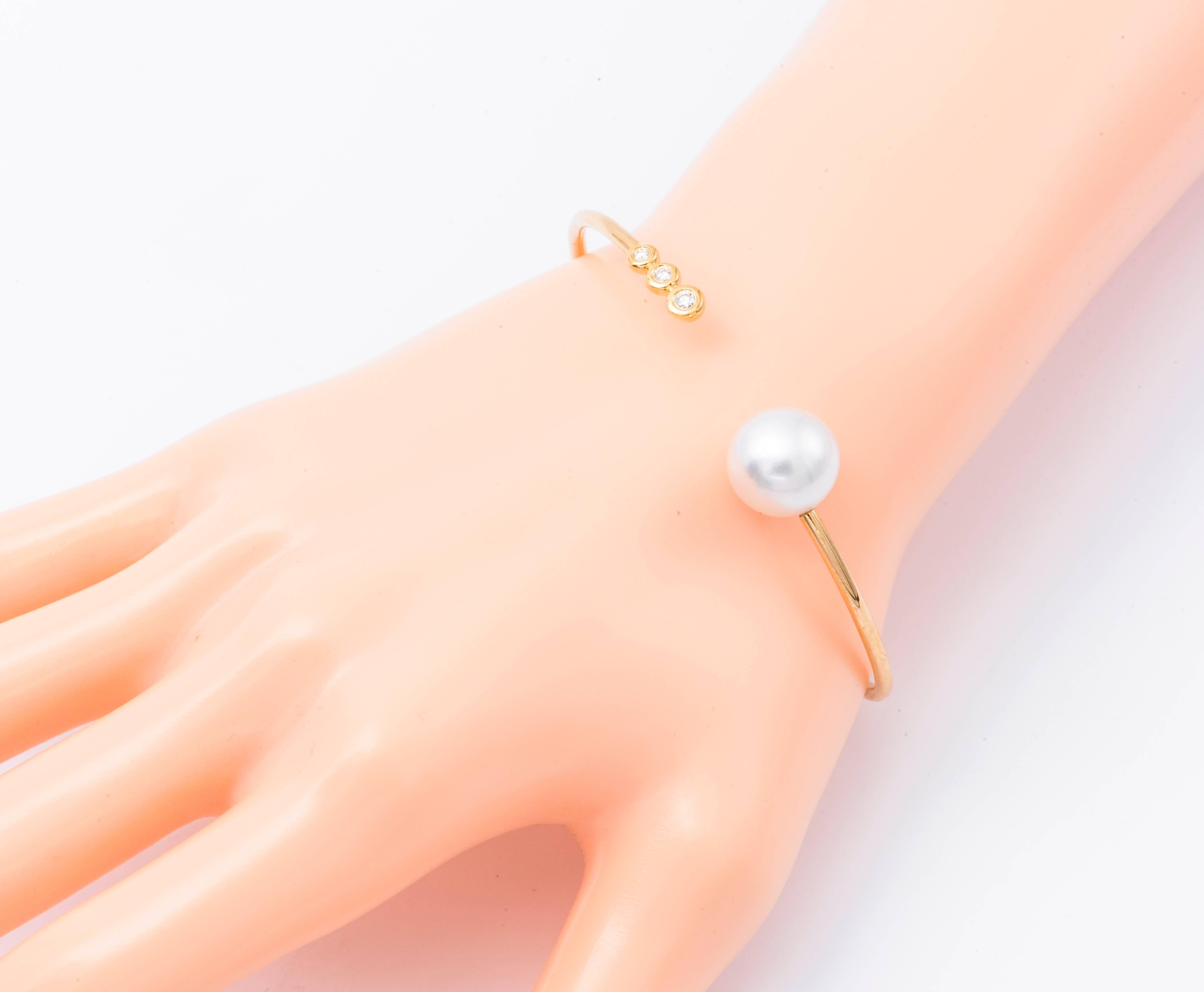 Women's South Sea Pearl and Three Diamonds Yellow Gold Bangle Bracelet