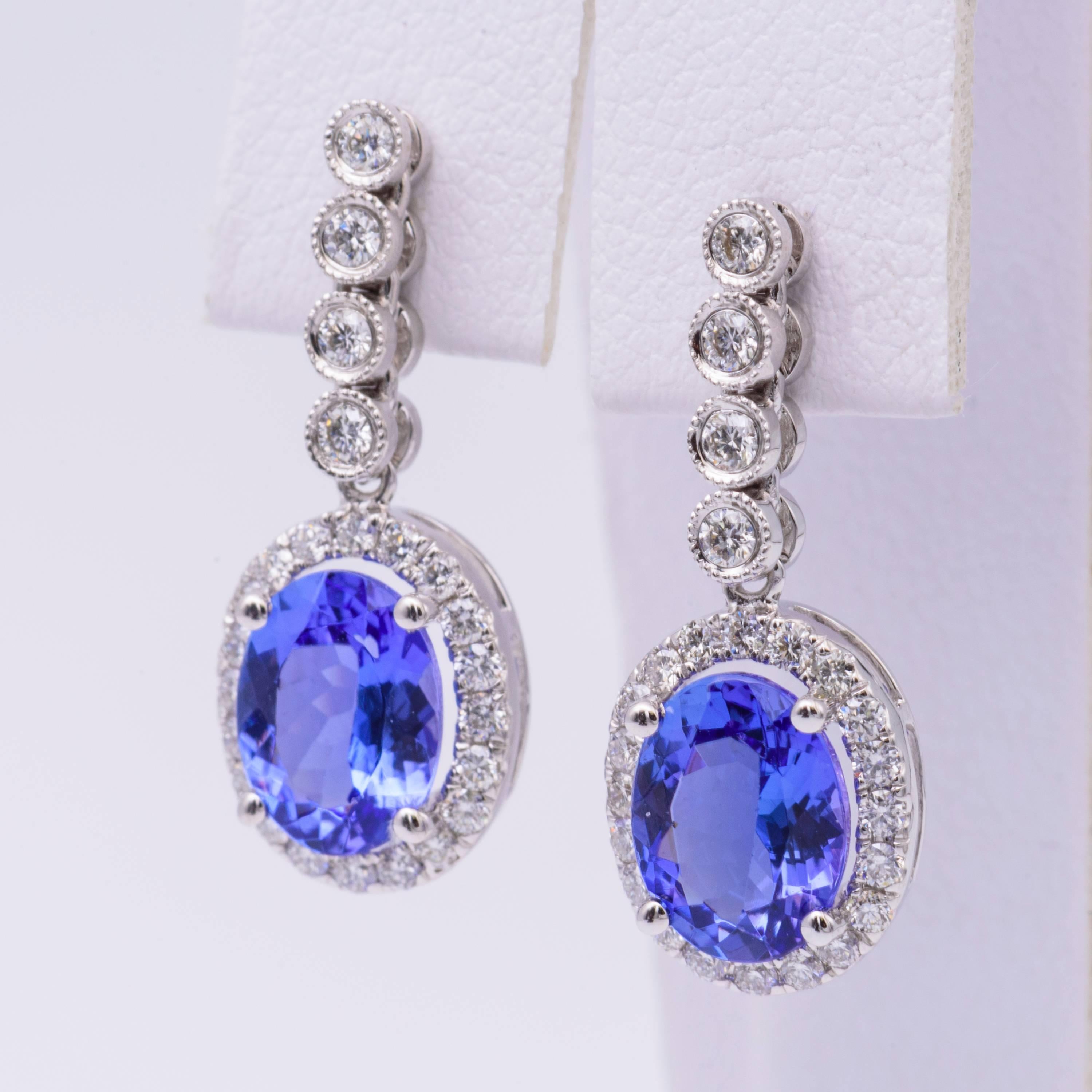 14k White gold earrings
Oval Tanzanite 8 X 6 mm 2.60 Carats
Diamonds 0.50 Cts. total weight
The Earrings measures 22 X 8 mm 