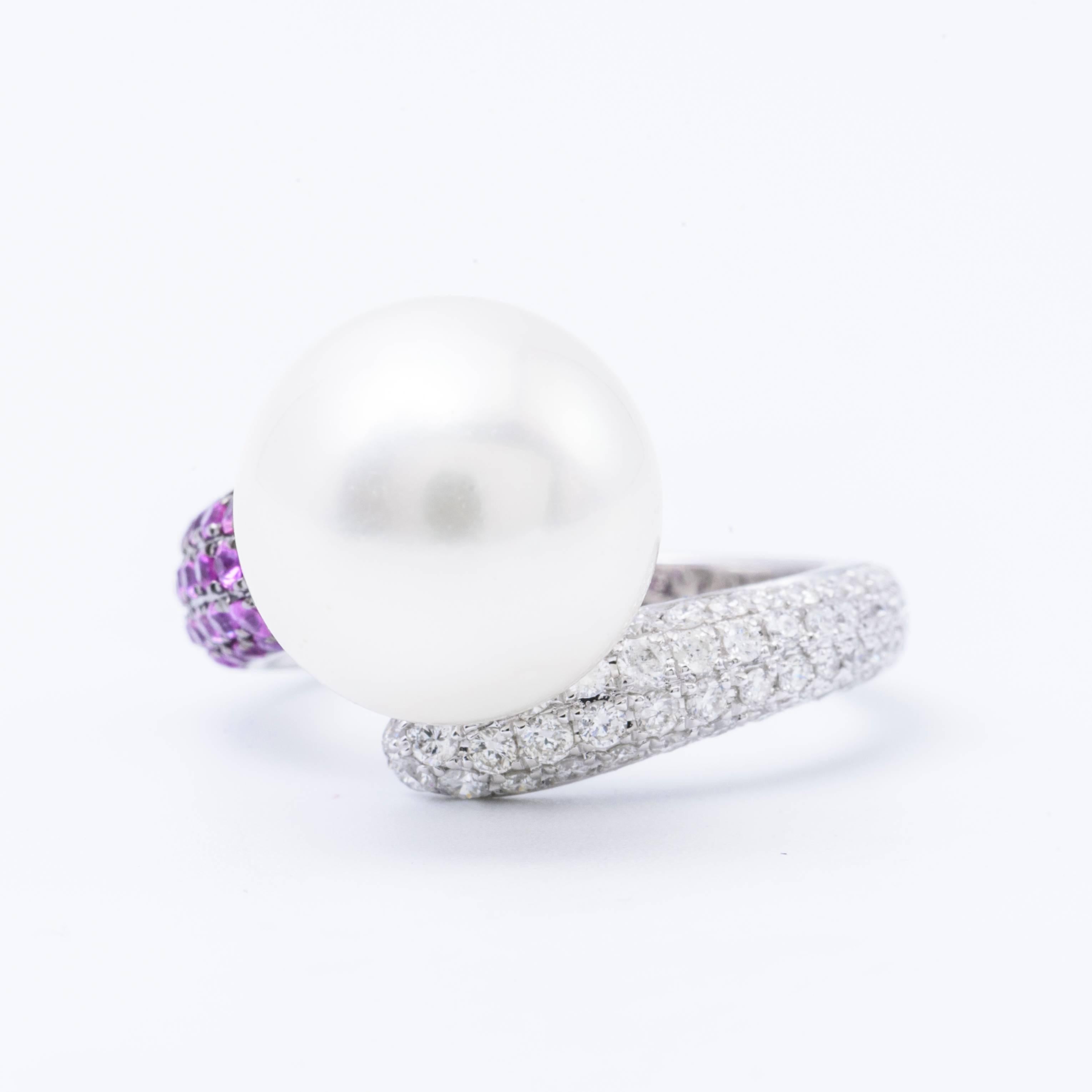 South Sea Pearl Pink Sapphire Diamond White Gold Cocktail Ring In New Condition For Sale In New York, NY
