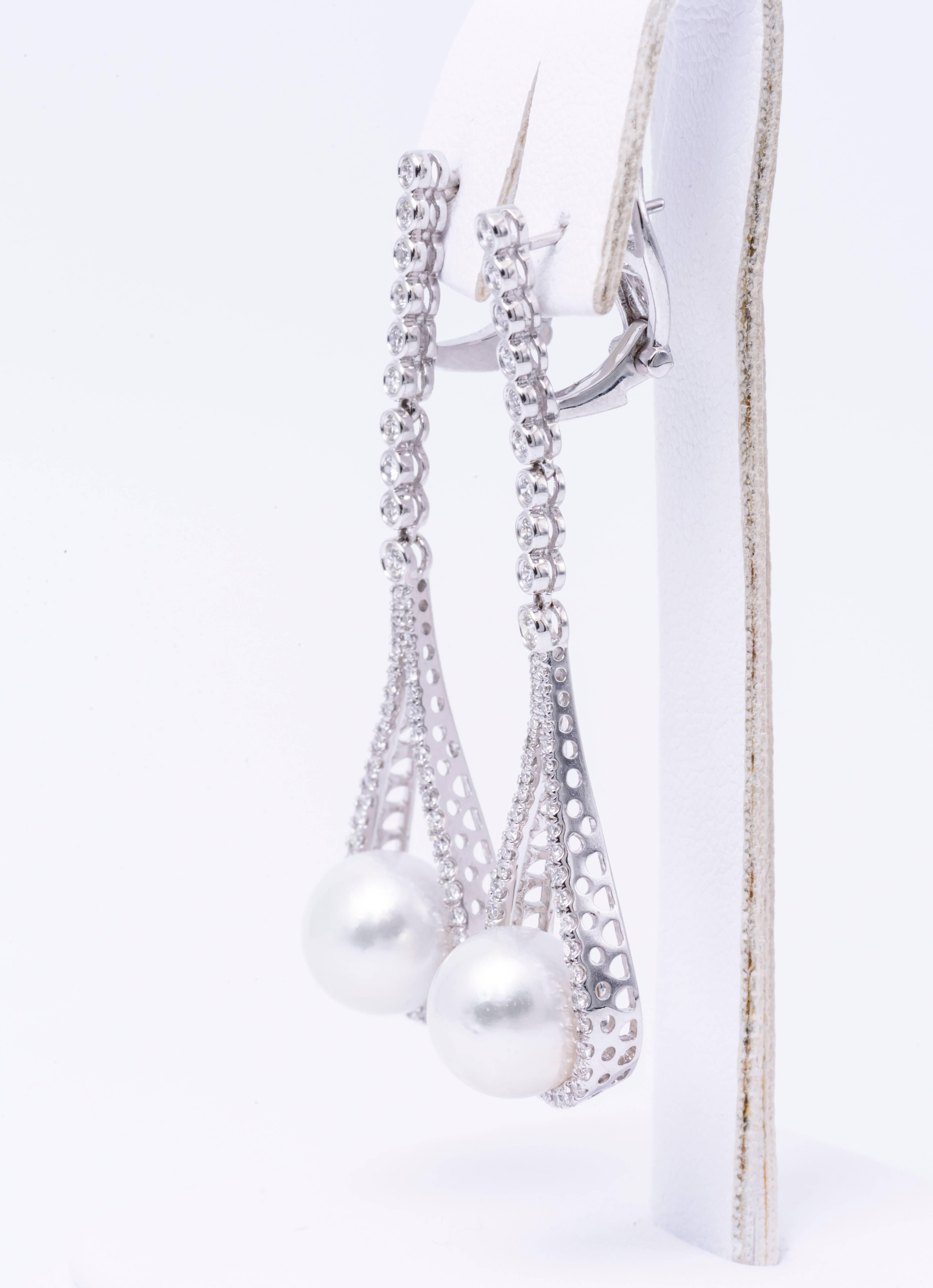 Contemporary South Sea Pearl Diamond Drop White Gold Earrings