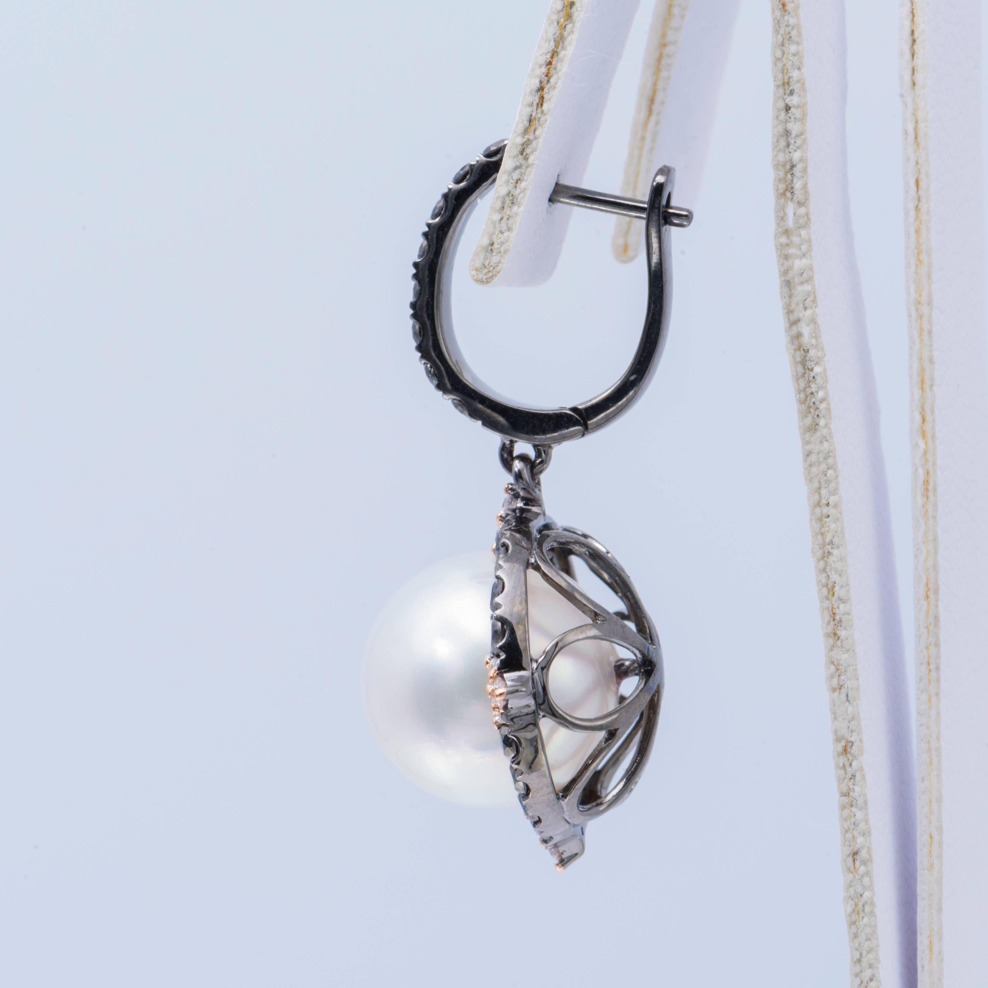 Contemporary South Sea Pearl Black Diamond Dangle Earrings For Sale
