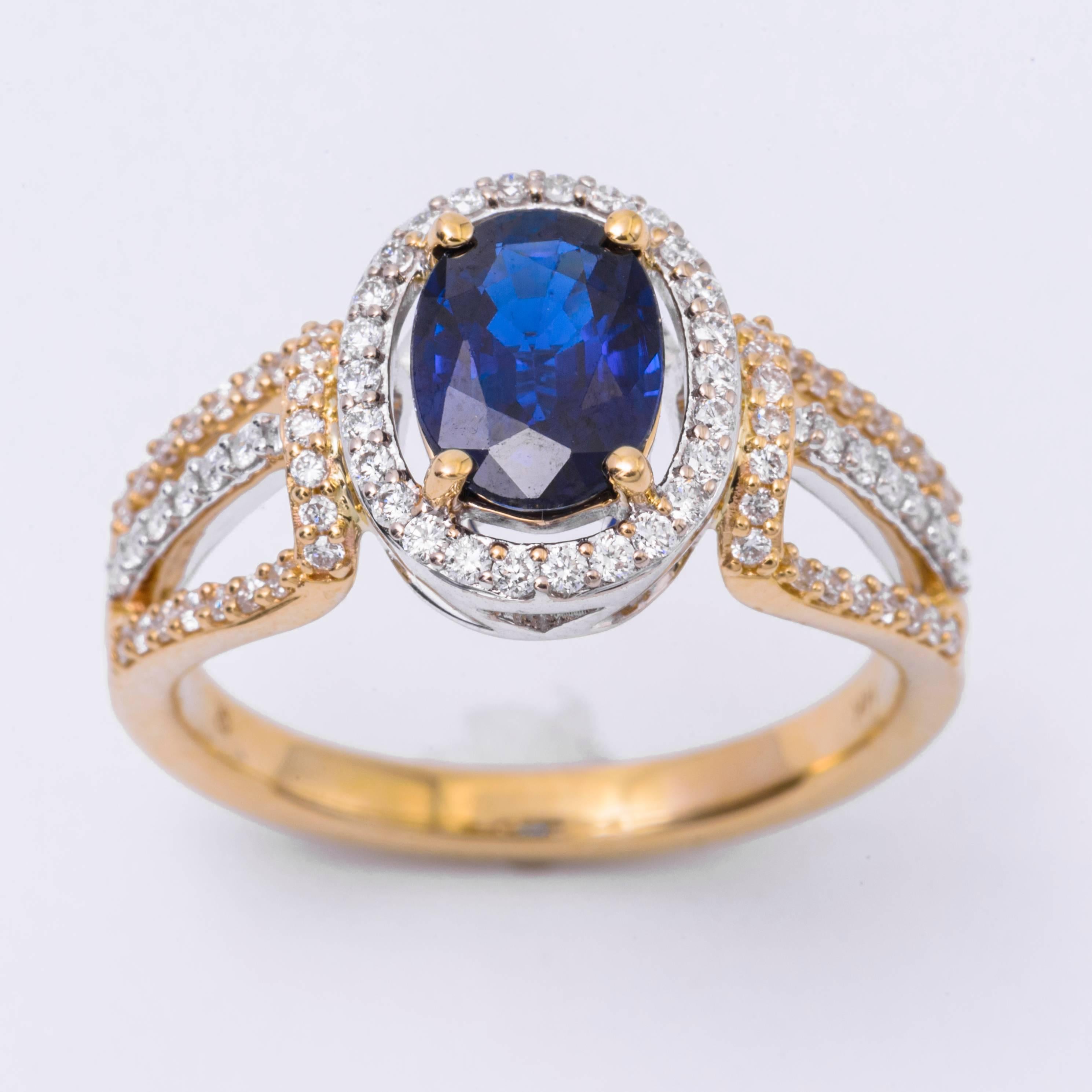 Contemporary Sapphire Diamond Halo Two Color Gold Engagement Cocktail Ring