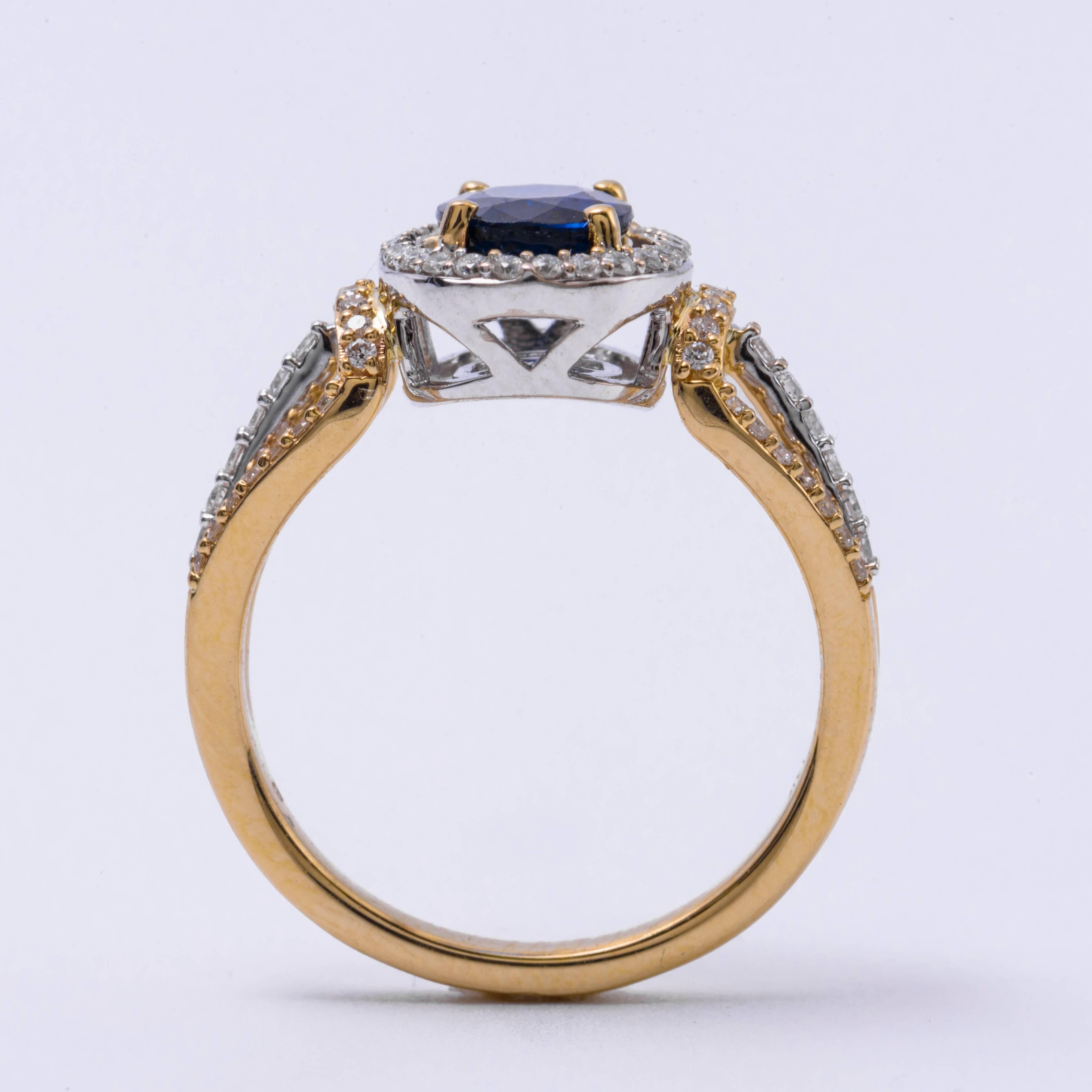 Sapphire Diamond Halo Two Color Gold Engagement Cocktail Ring In New Condition In New York, NY