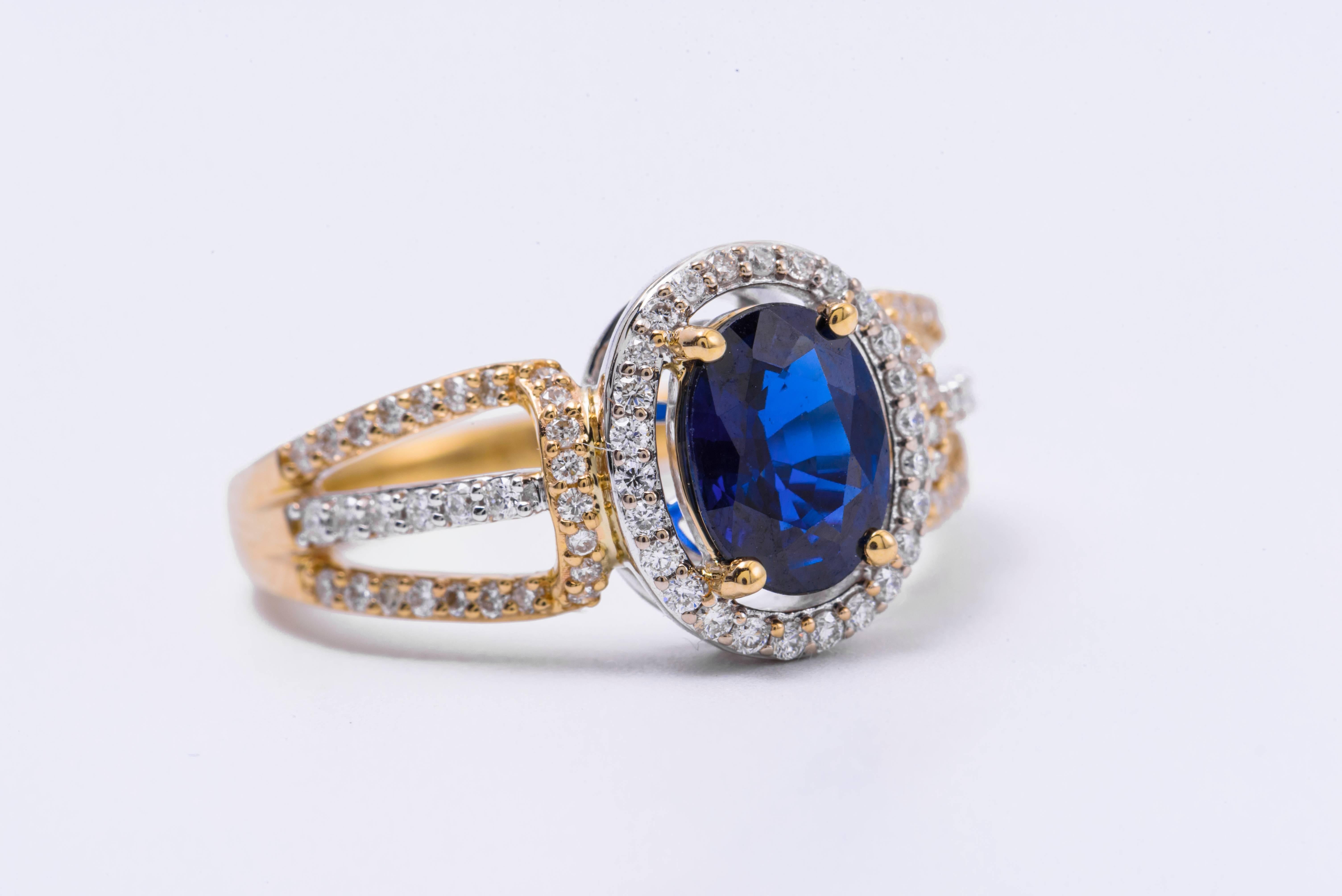 Women's Sapphire Diamond Halo Two Color Gold Engagement Cocktail Ring