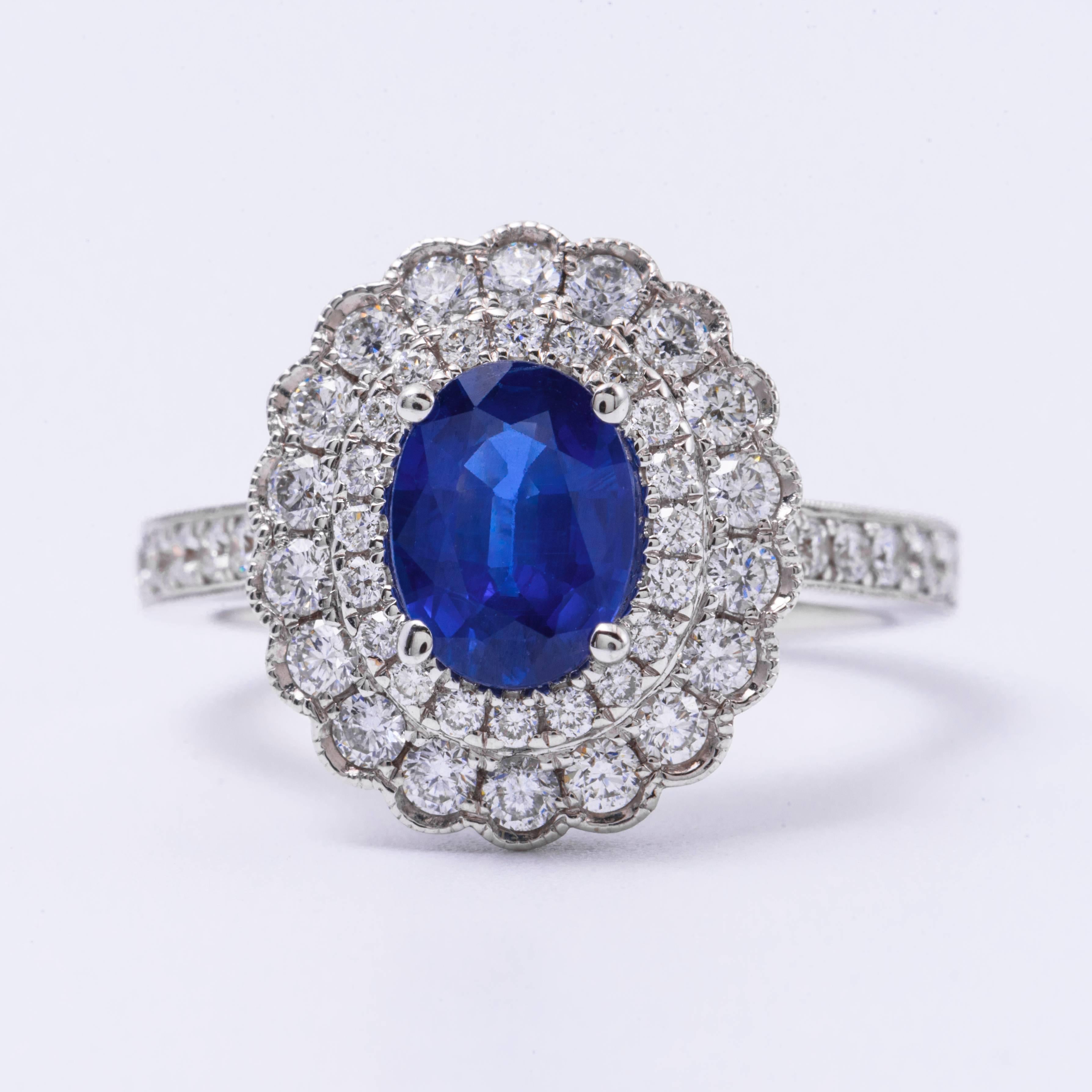 Oval Sapphire measuring 8 x 6 mm  Weight: 1.45 Cts
18K White Gold
Diamonds : 0.81 Cts.