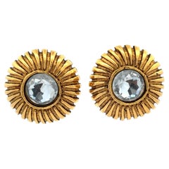 Vintage Chanel 1990s Gold Vermeil Sunflower Crystal Clip-On Earrings