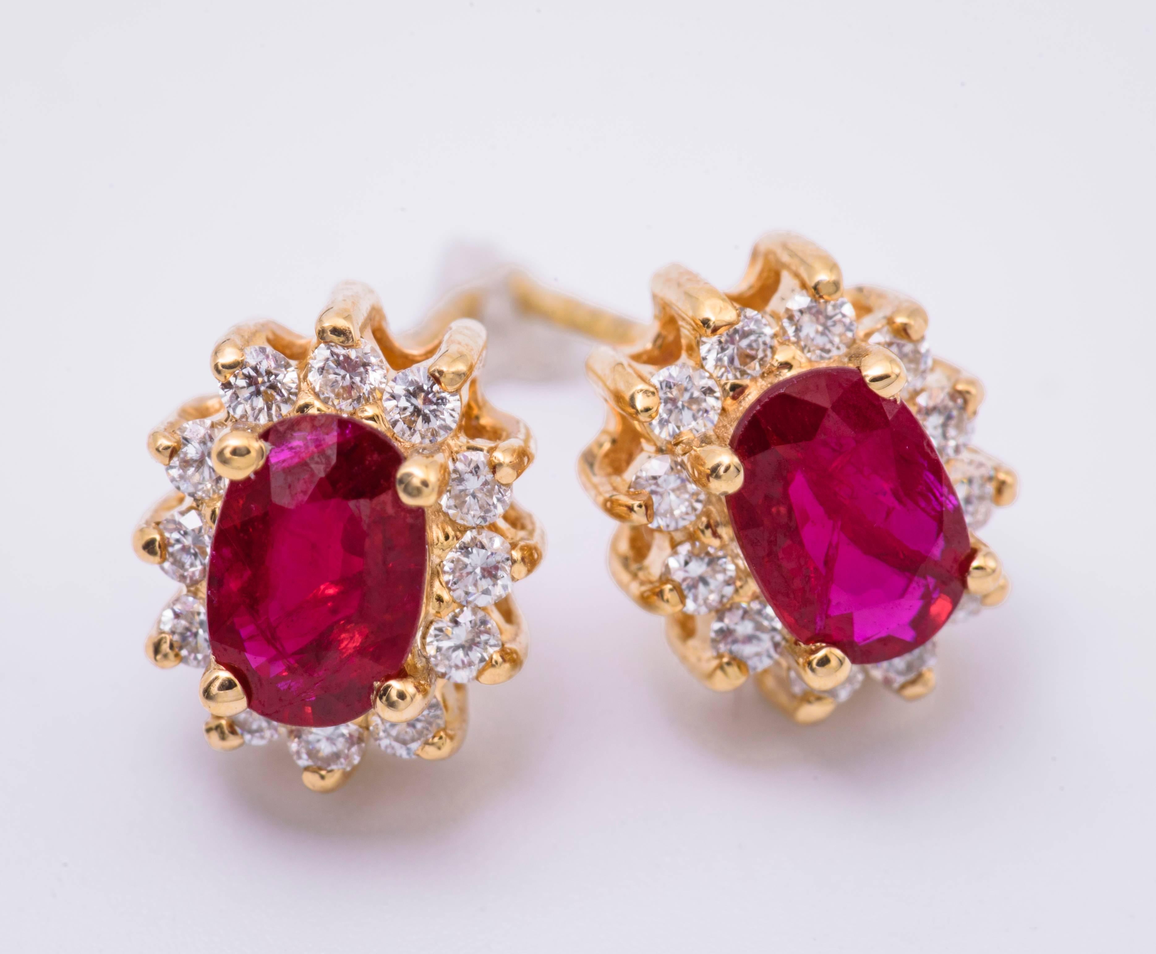 Contemporary Oval Shape Ruby and Diamond Studs Earrings