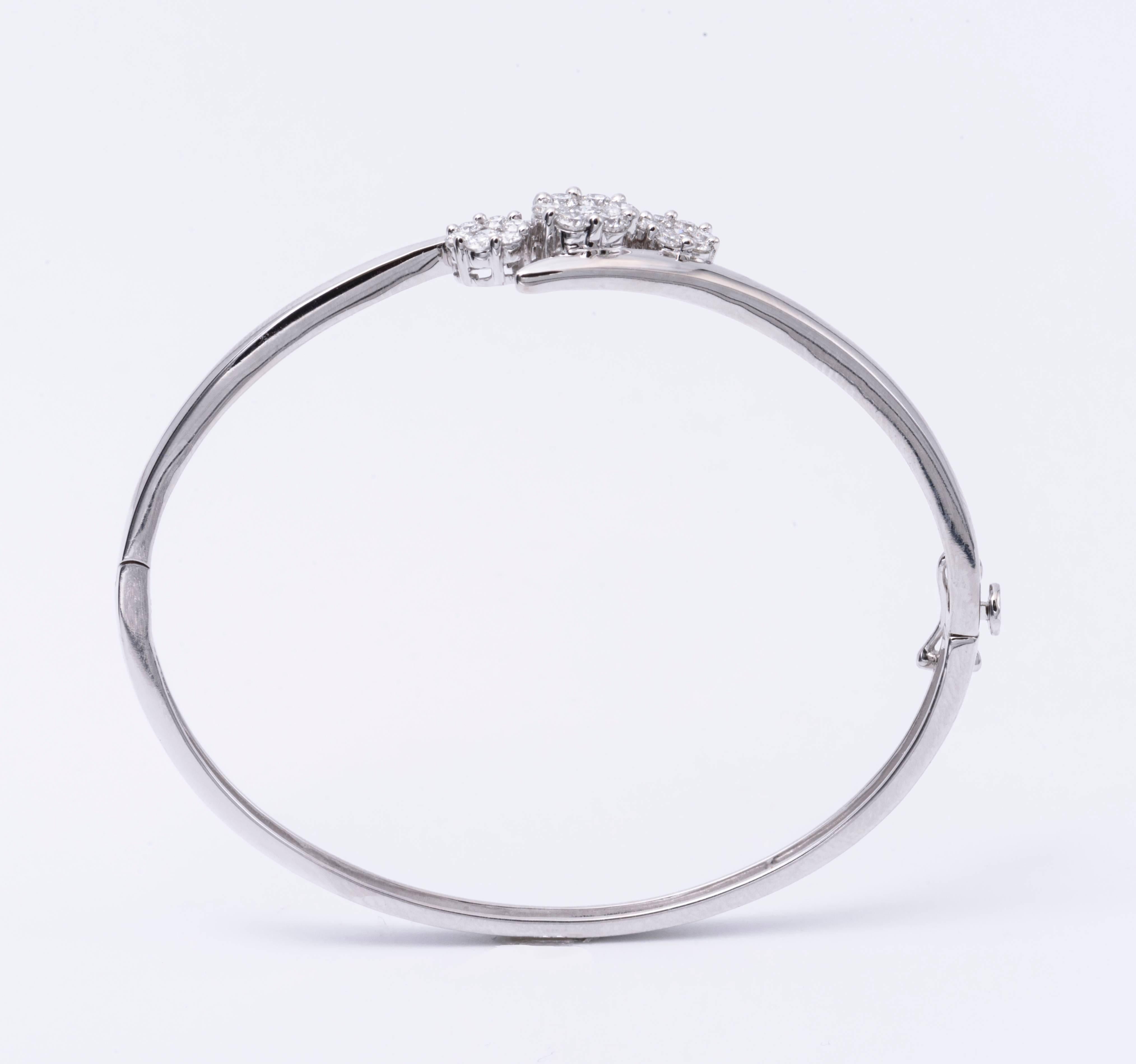 Round Cut Round Diamond Cluster Bangle 1.04 Carats 14K White Gold For Sale