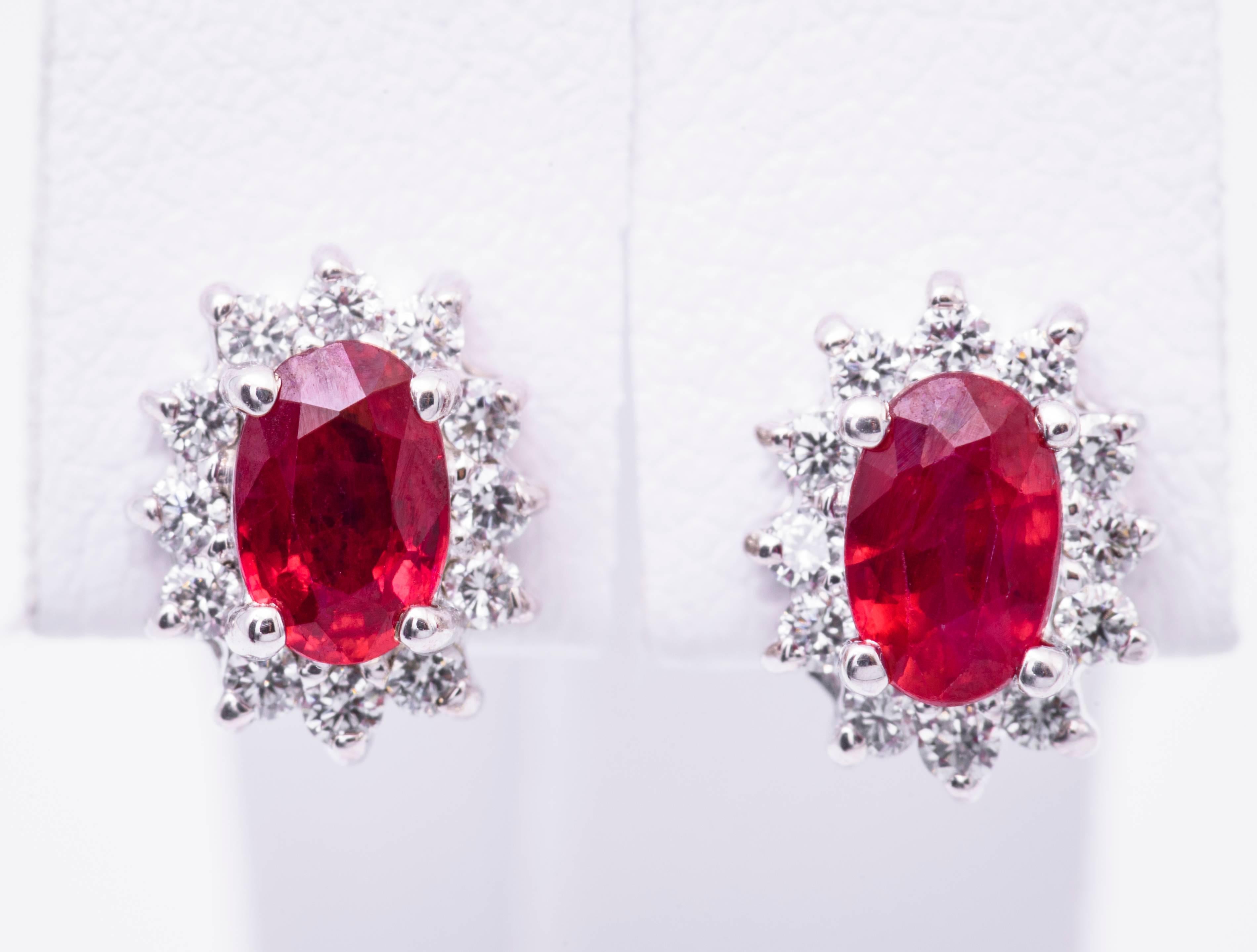 14K white gold
Ruby measuring 5 x 3 and 1.10 Cts.
Earring measuring 9 x 7 mm 
Diamonds: 0.32 Cts
All our gemstones are genuine and sourced with the highest degree of integrity.
