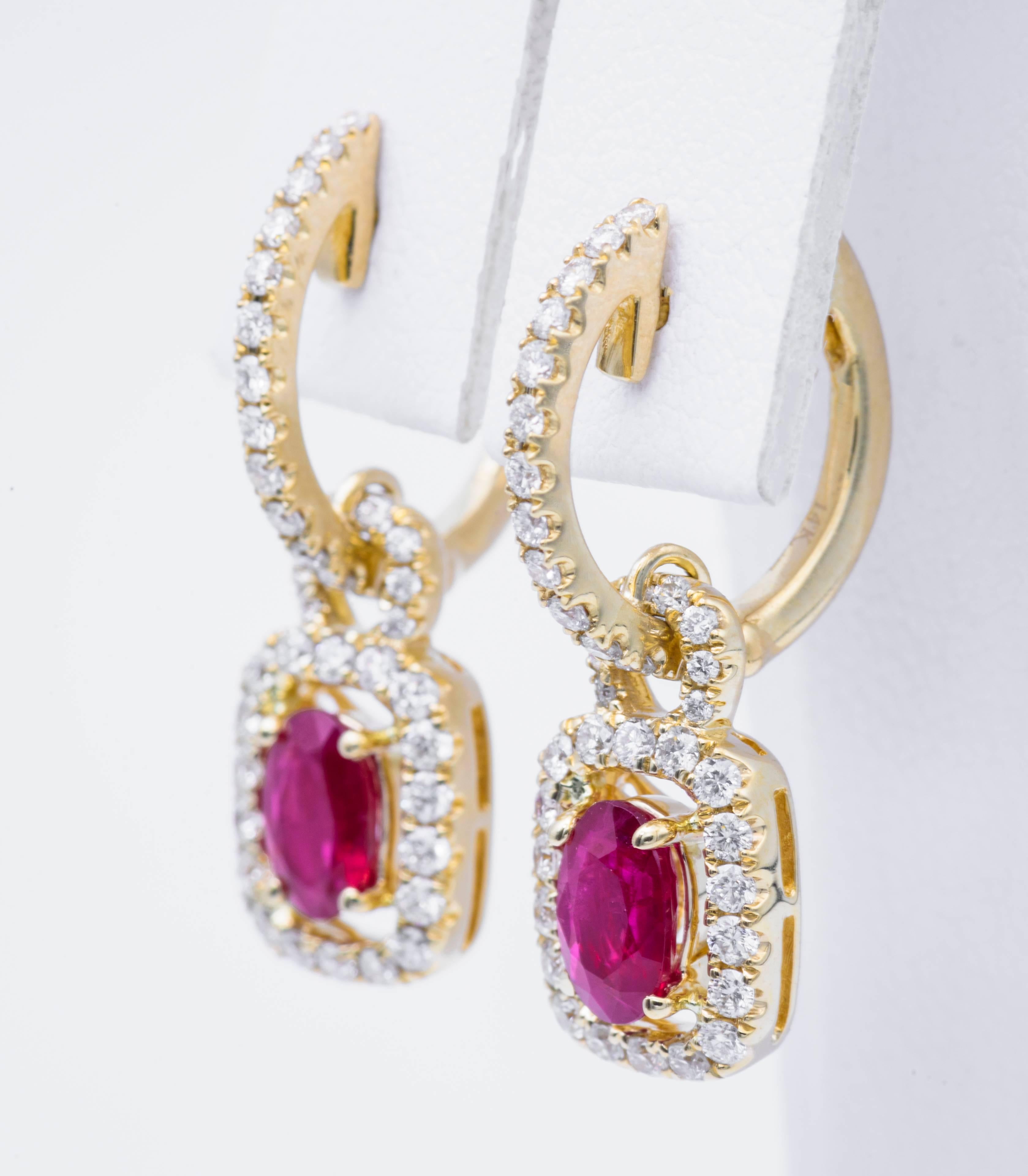 14 K Yellow Gold
6x4 mm Burmese ruby 1.10 Carats
Diamonds Weight: 0.66 Cts.
Dimensions of earrings: 23 x 8 mm