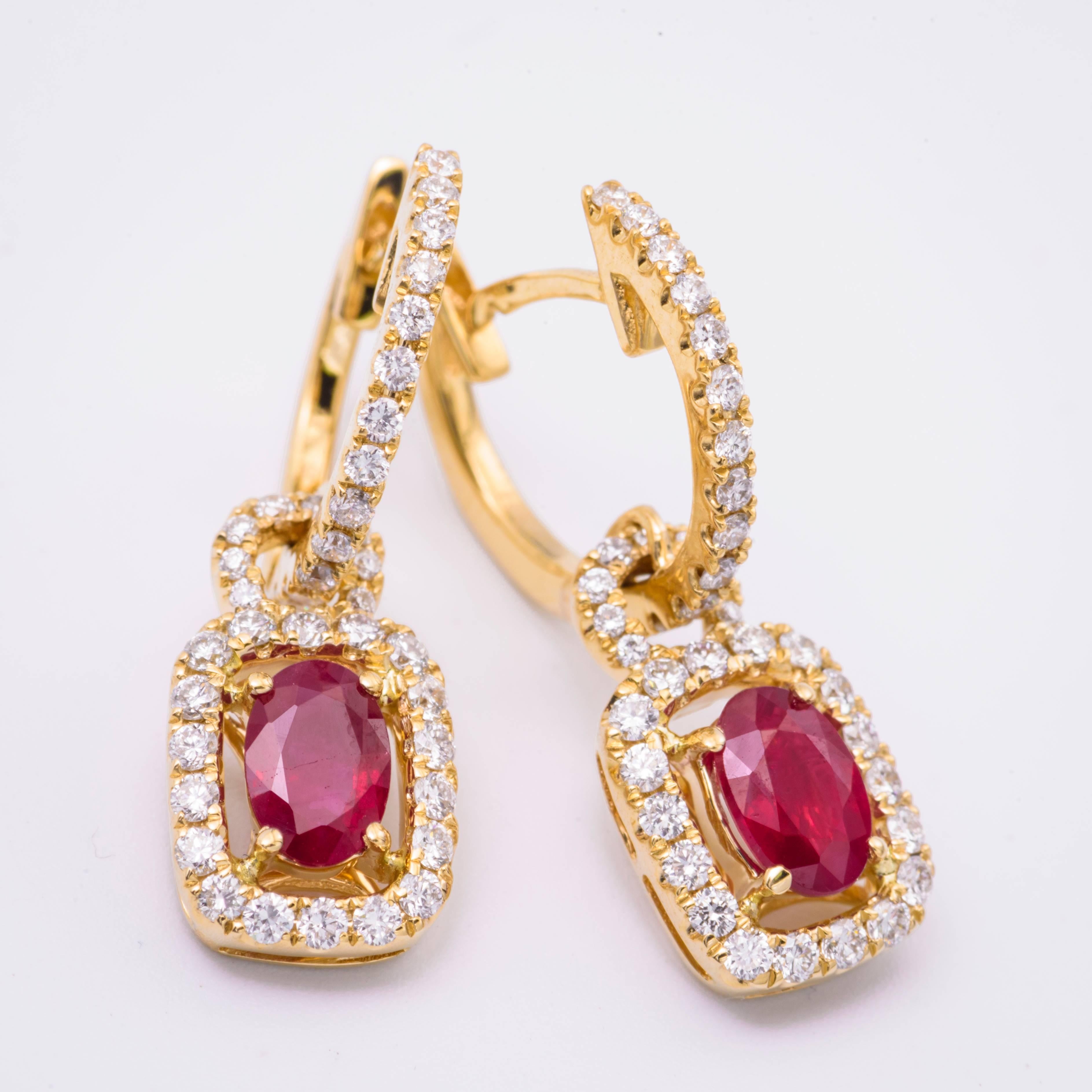 Burmese Ruby and Diamonds Dangle Hoop Earrings In New Condition In New York, NY