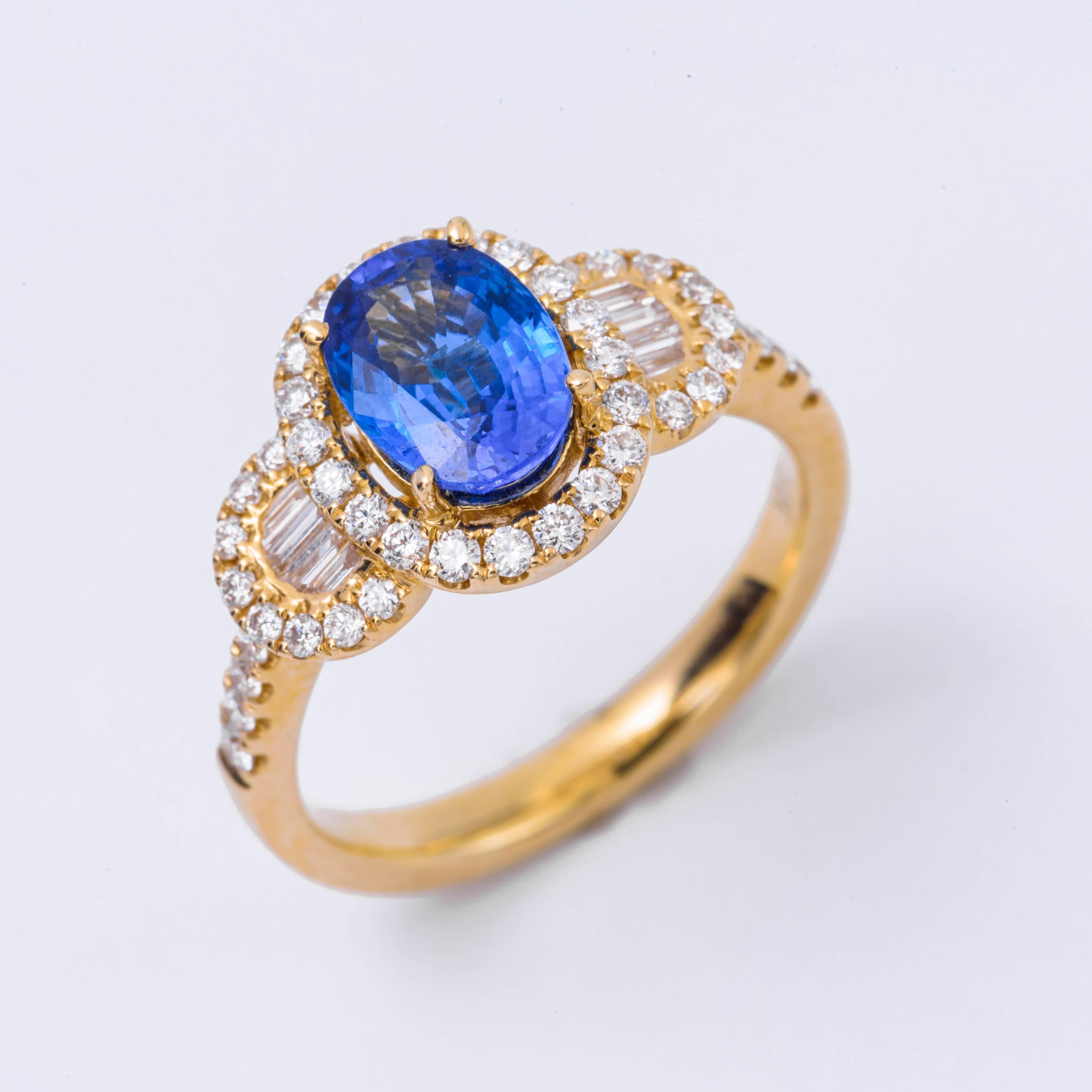 Contemporary Oval Shape Ceylon Sapphire Diamond Yellow Gold Halo Cocktail Engagement Ring