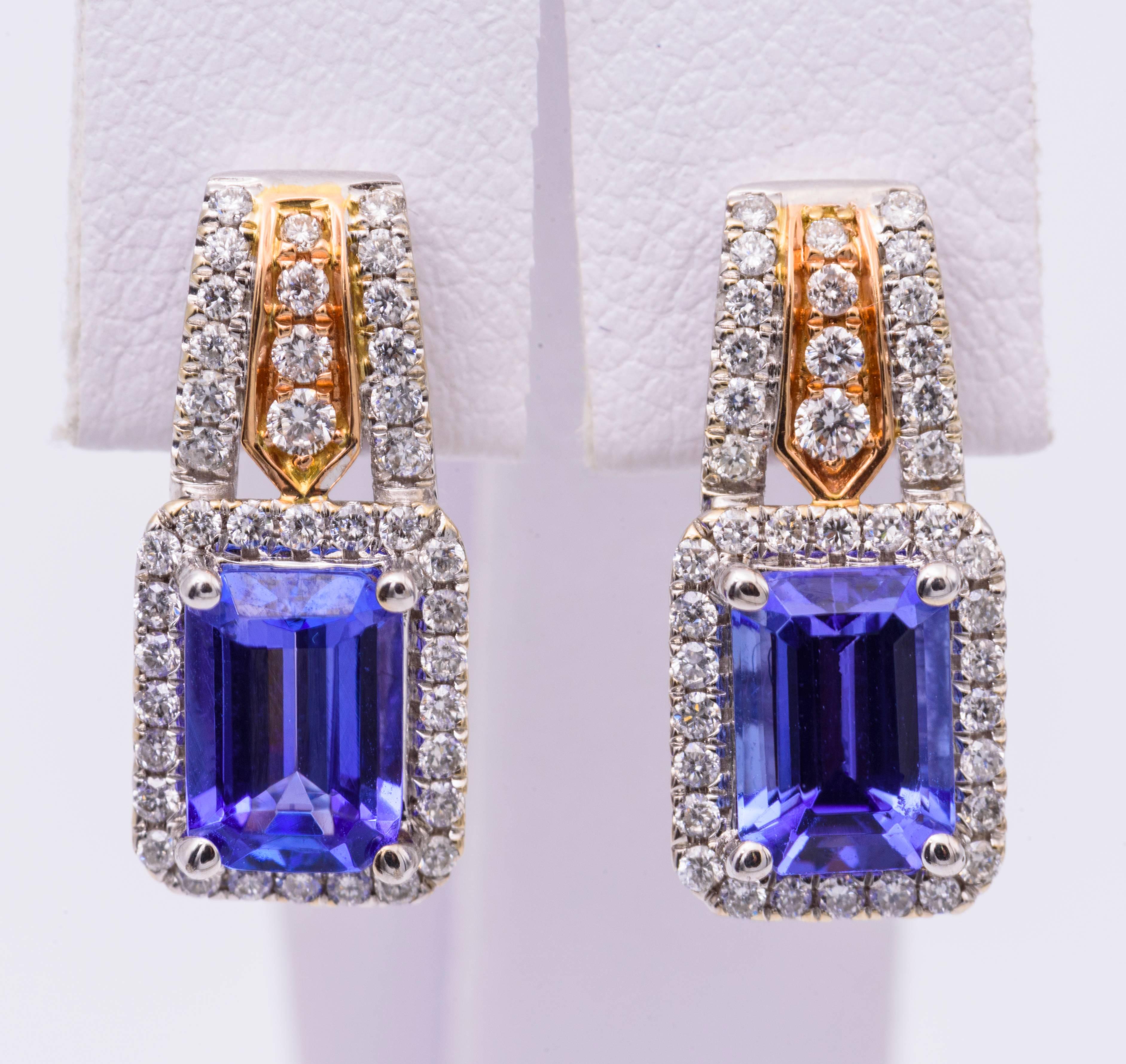 Contemporary Tanzanite and Diamond Two-Tone Gold Drop Earrings