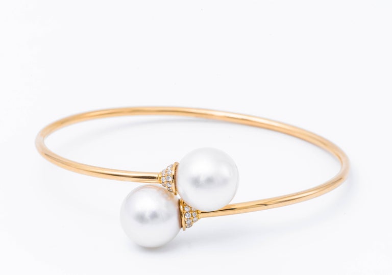 South Sea Pearl Diamond Bypass Bangle 18K Yellow Gold For Sale at 1stDibs