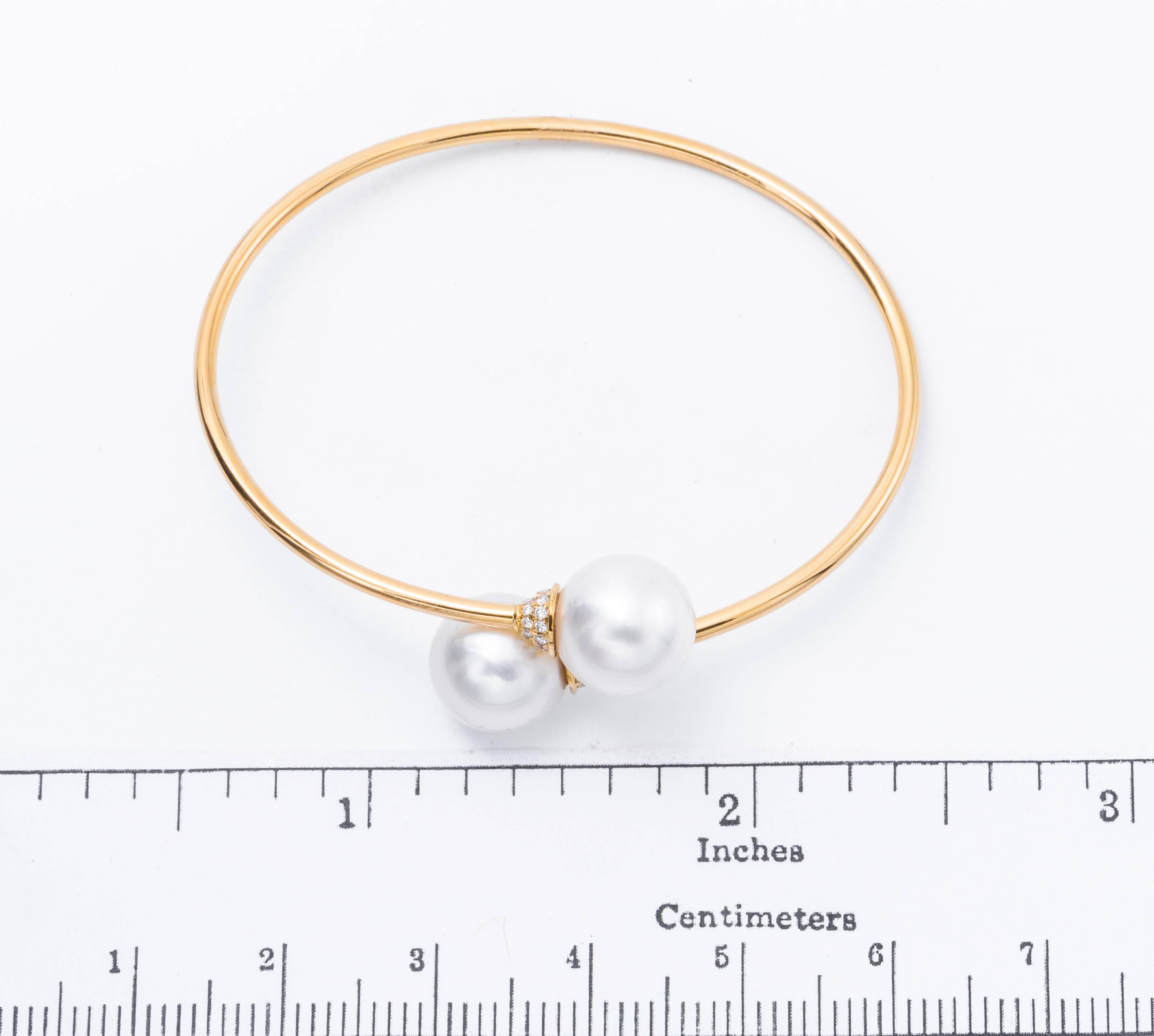 Modern South Sea Pearl Diamond Bypass Bangle 18K Yellow Gold  For Sale