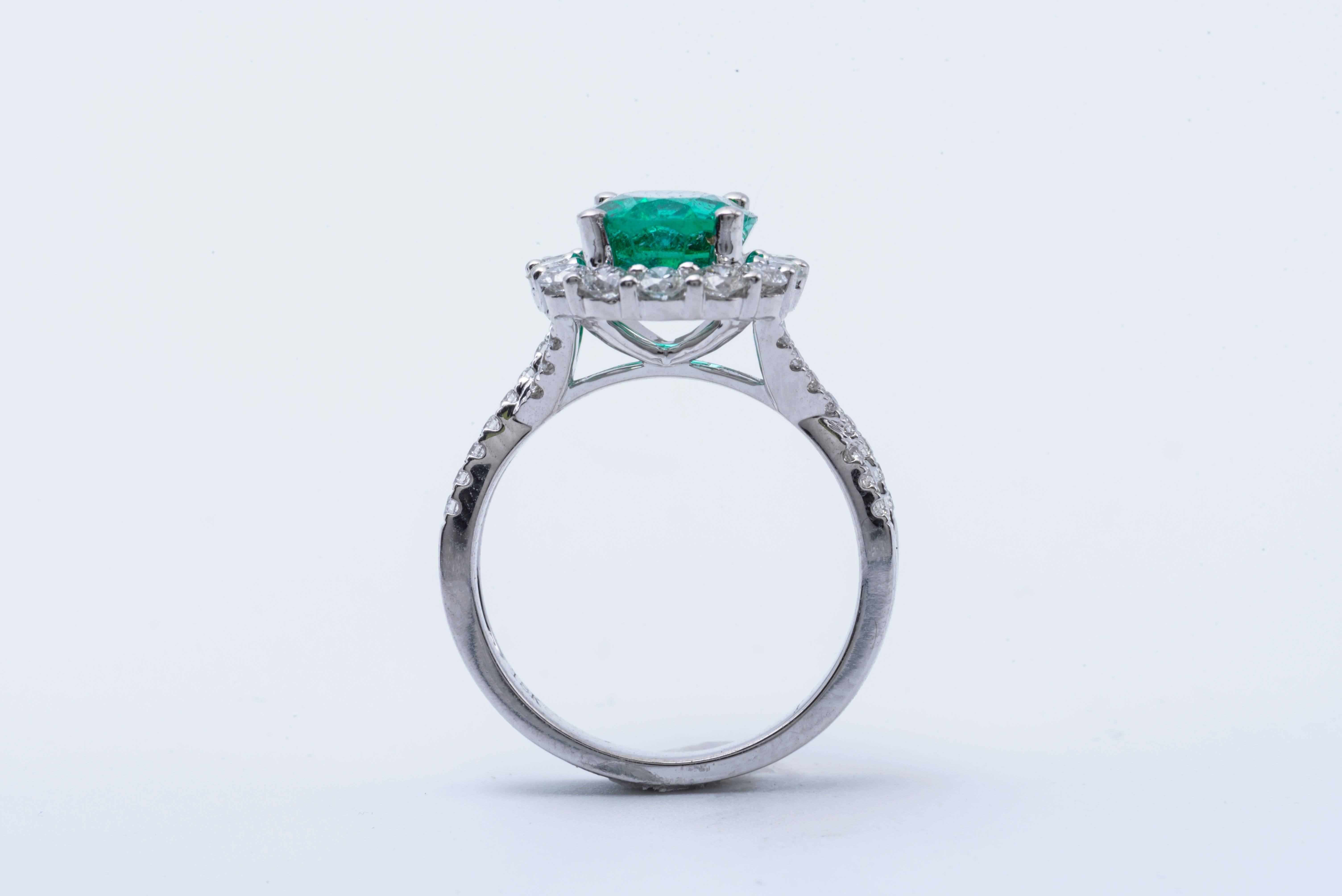 Round Cut Emerald Diamond Halo Ring 18 Karat White Gold