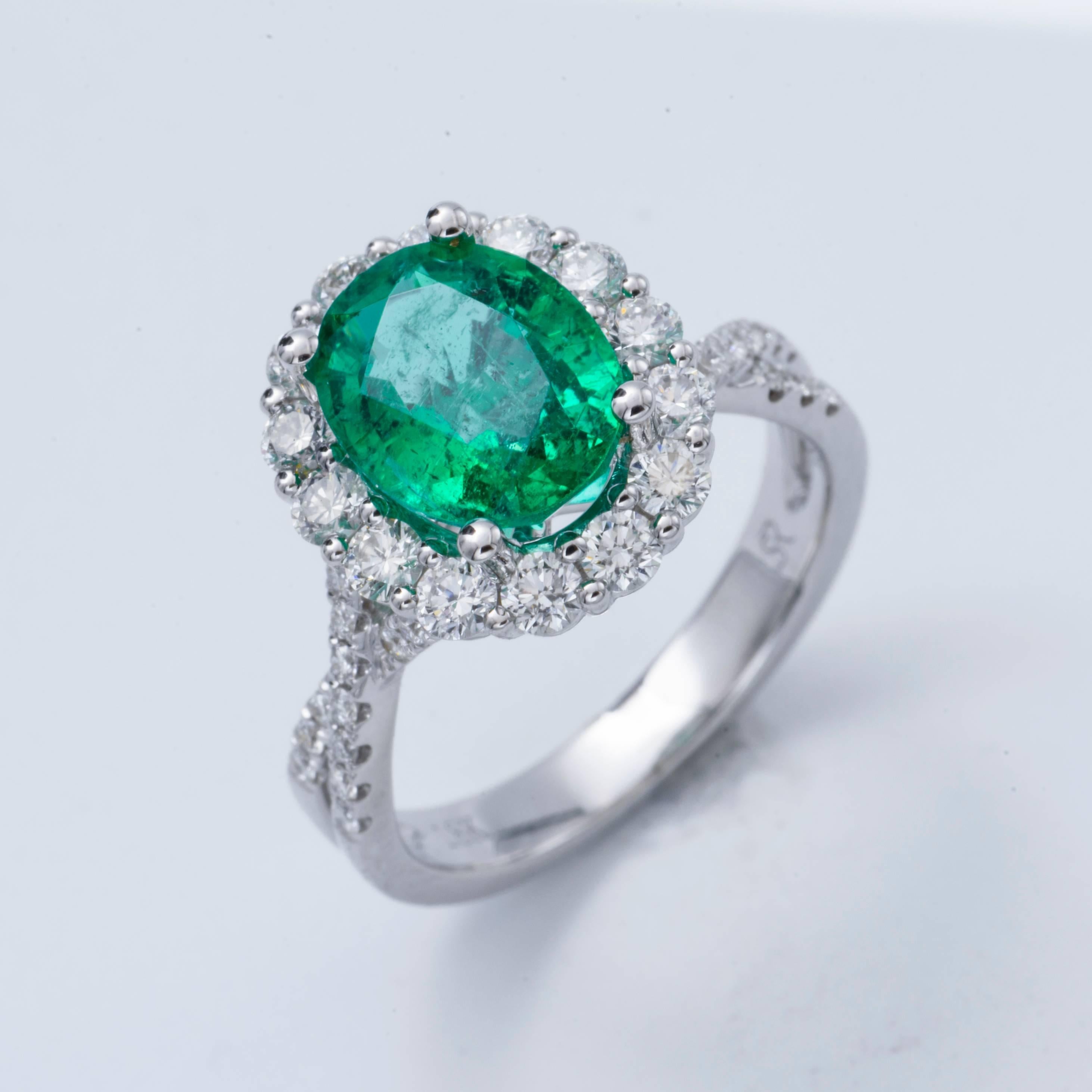 18 k white gold ring.
Emerald weight: 2.63 cts. 9x7 mm
Diamonds Weight: 1.02 cts.
Beautiful, elegant and timeless ring for all special occasions.
All our Gemstones are genuine, and are sourced with the highest degree of integrity.