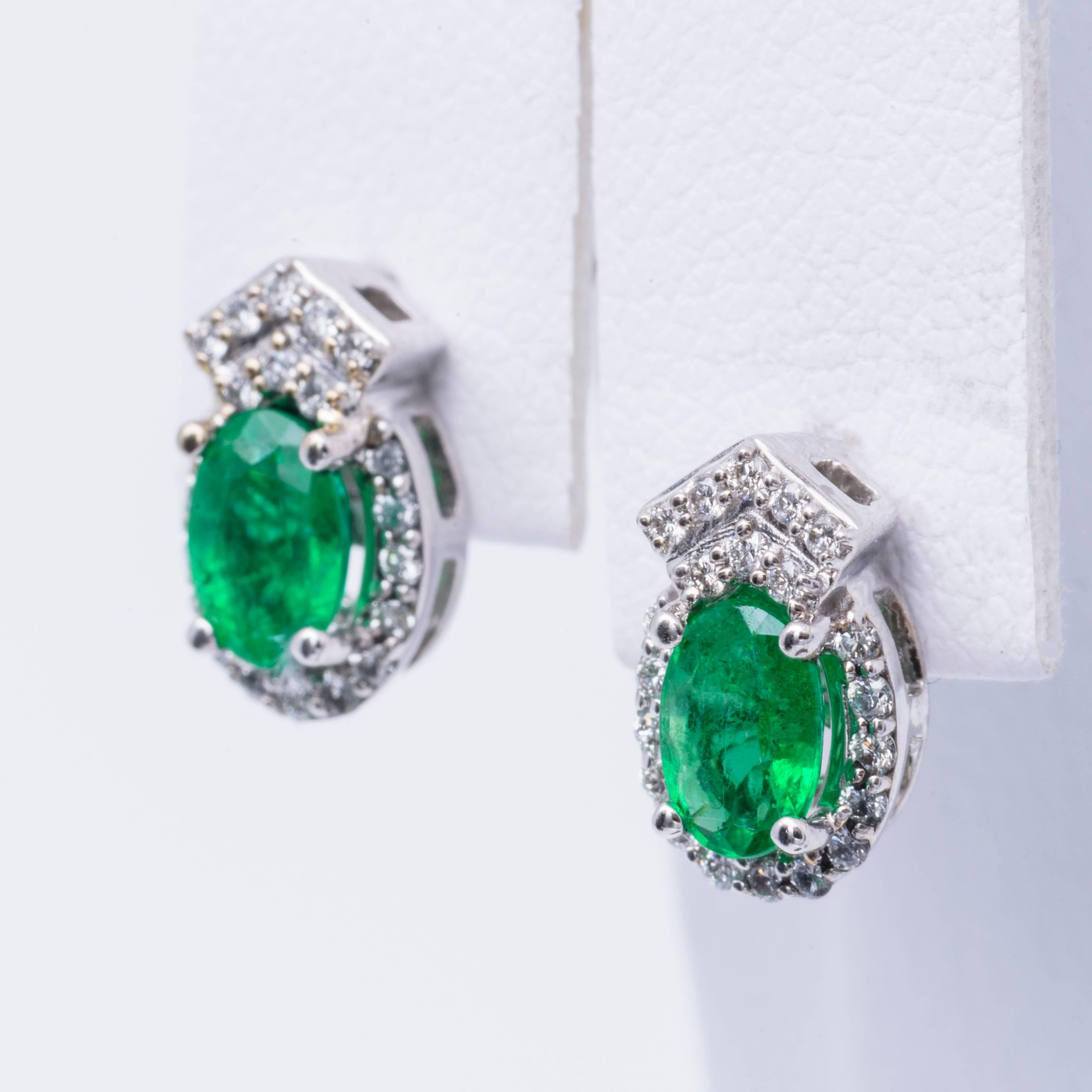 Contemporary Emerald and Diamond White Gold Drop Earring Studs