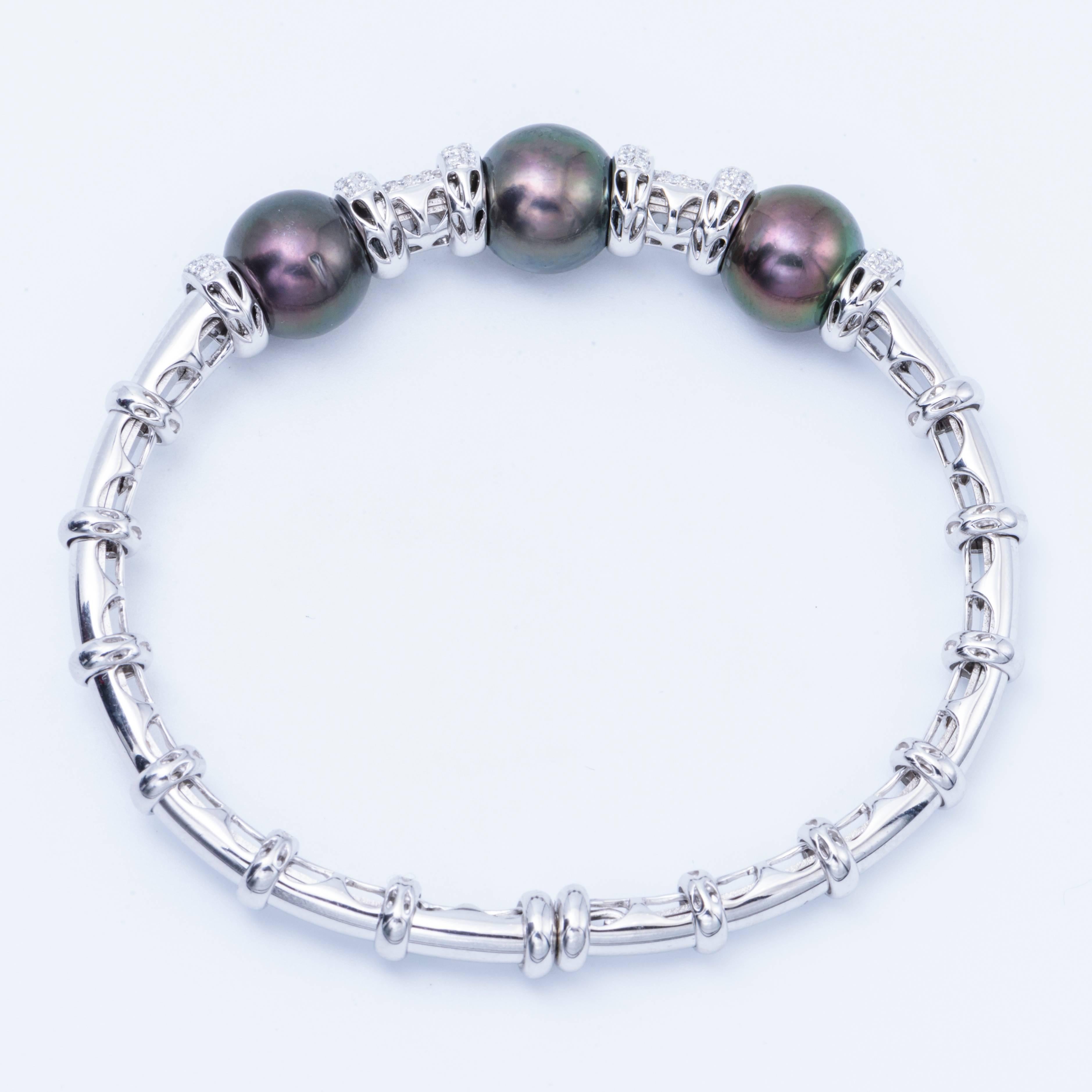 Modern White Gold Cultured Pearl Tahitian Bangle with Diamond Accent