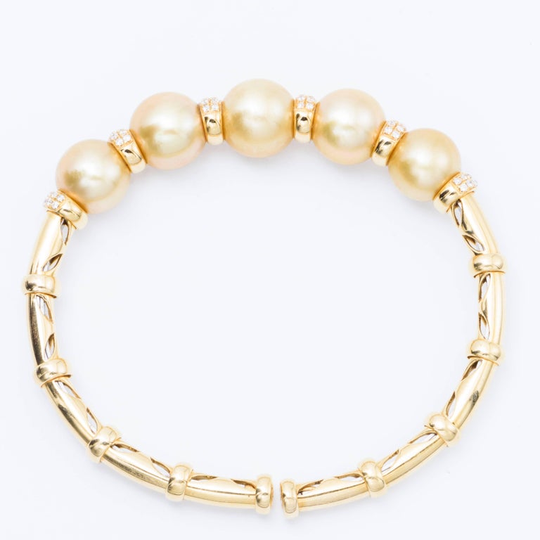 Golden South Sea Pearl and Diamond Yellow Gold Bracelet Bangle at